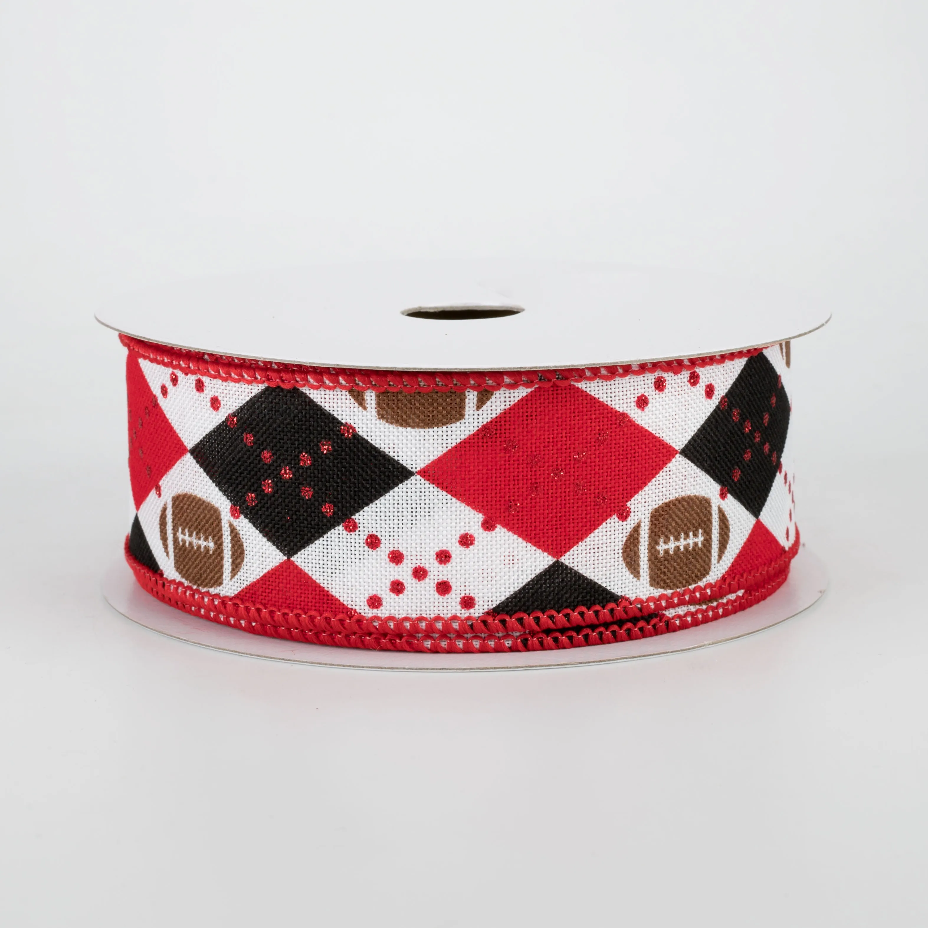 1.5" Argyle Footballs Ribbon: Black & Red (10 Yards)