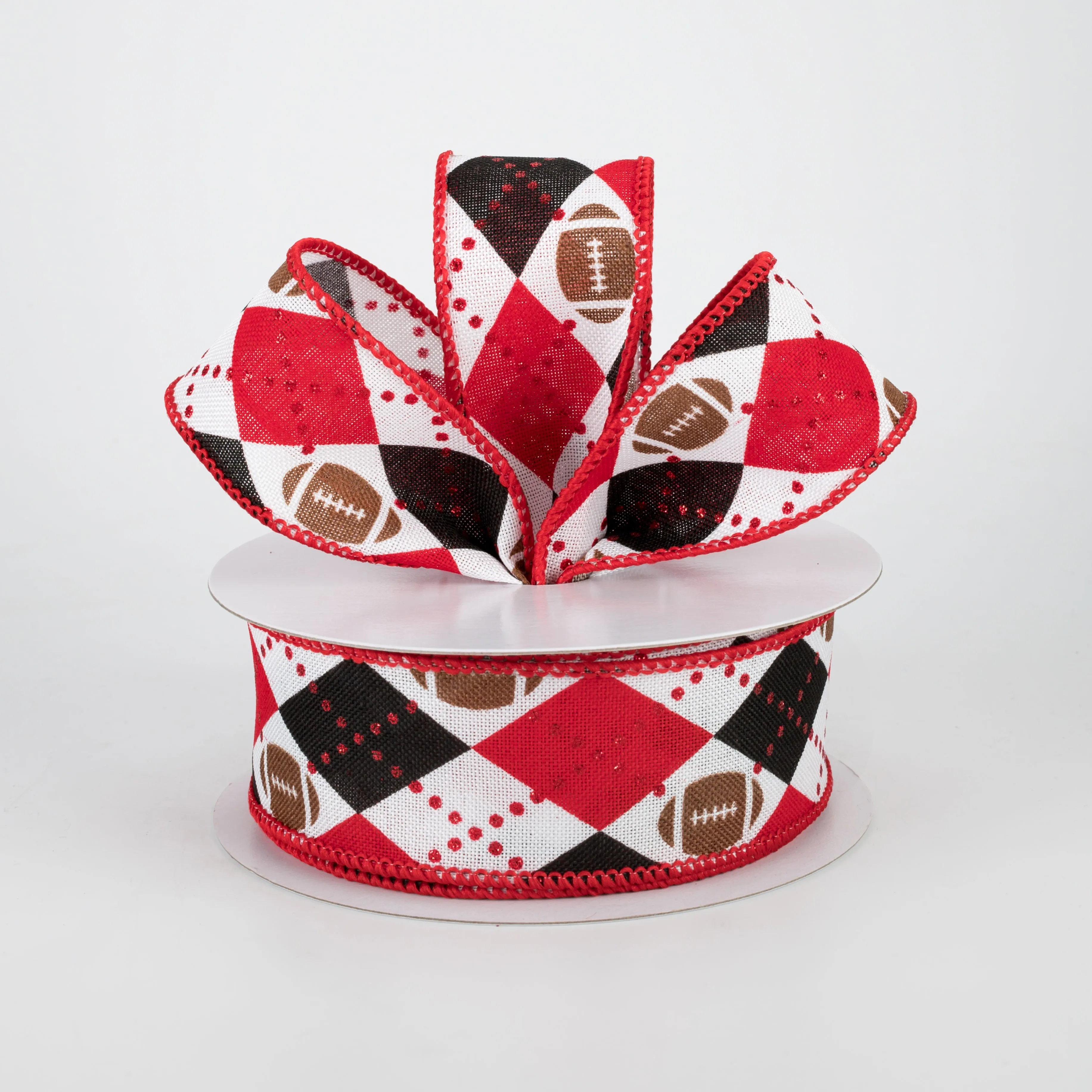 1.5" Argyle Footballs Ribbon: Black & Red (10 Yards)