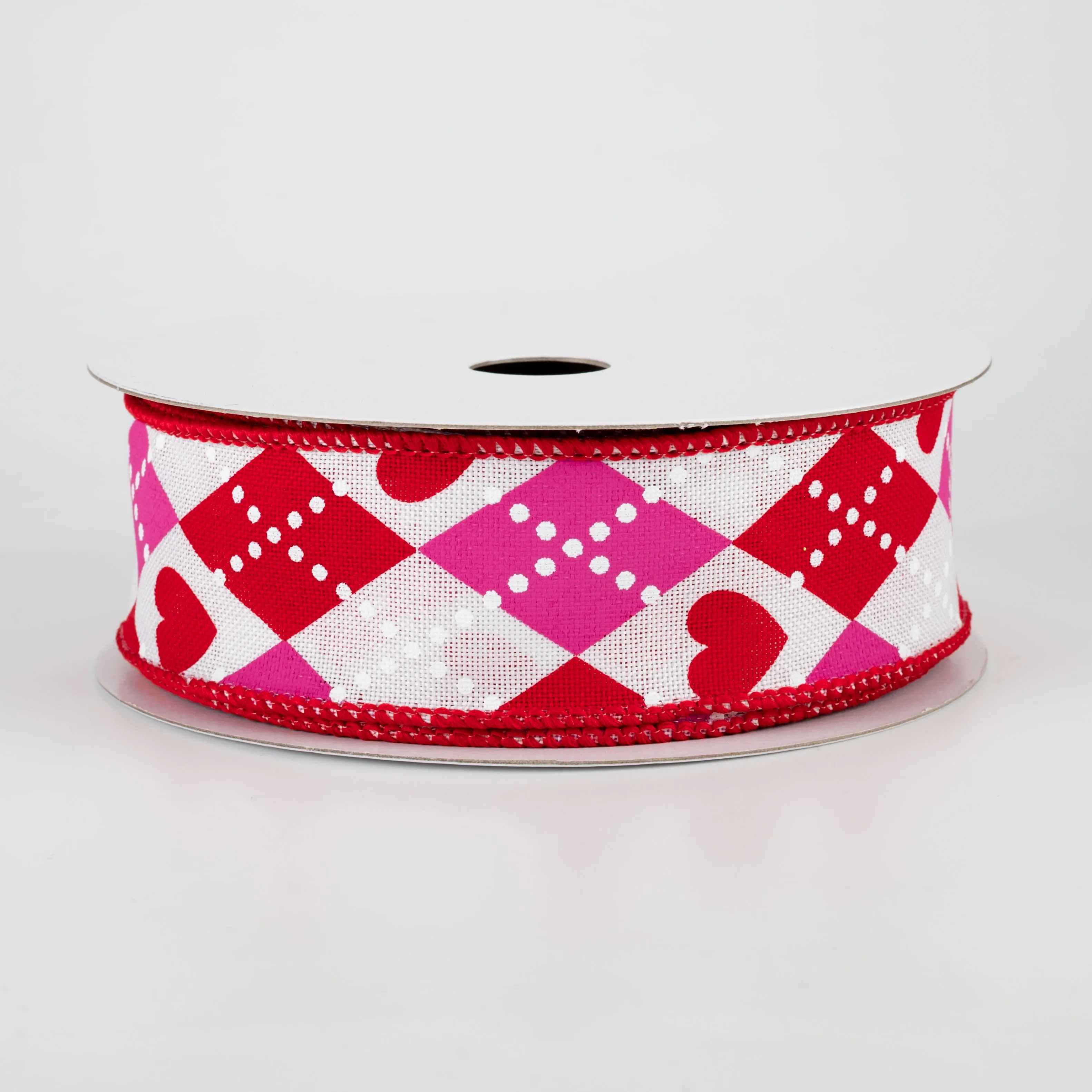 1.5" Argyle Hearts Ribbon: White, Hot Pink, Red (10 Yards)