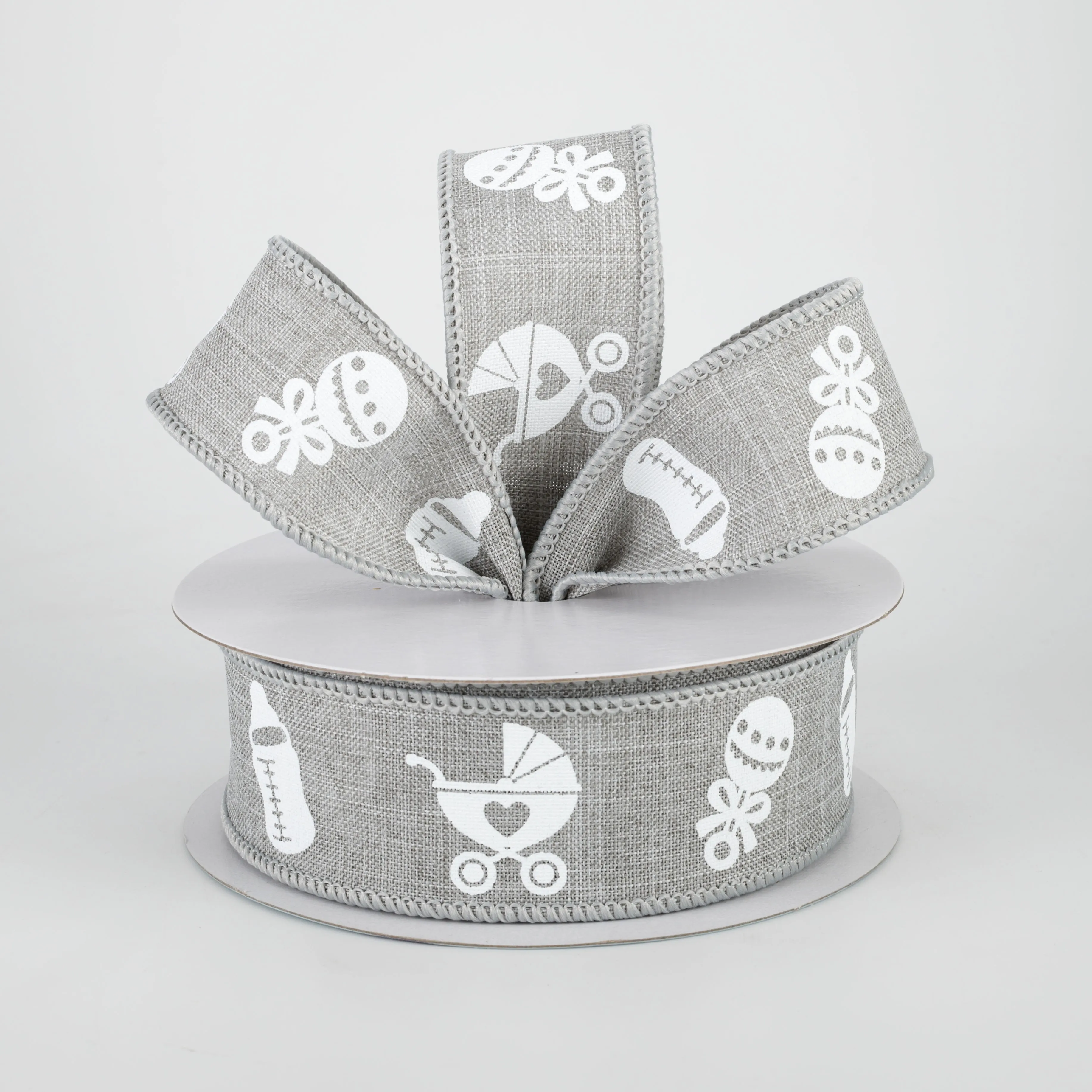 1.5" Baby Rattle, Pram, Bottle Ribbon: Light Grey (10 Yards)