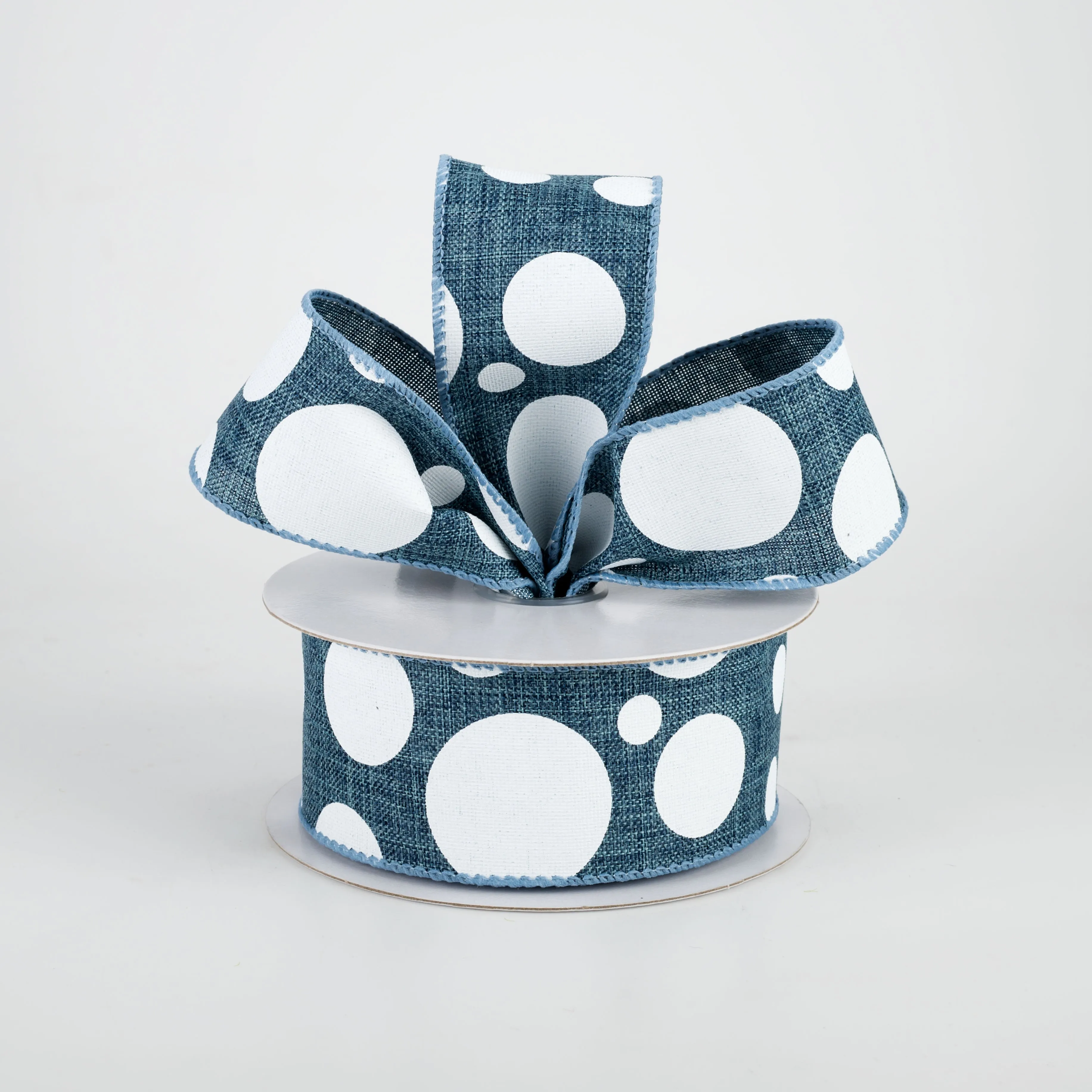 1.5" Big & Small Dots Ribbon: Denim & White (10 Yards)