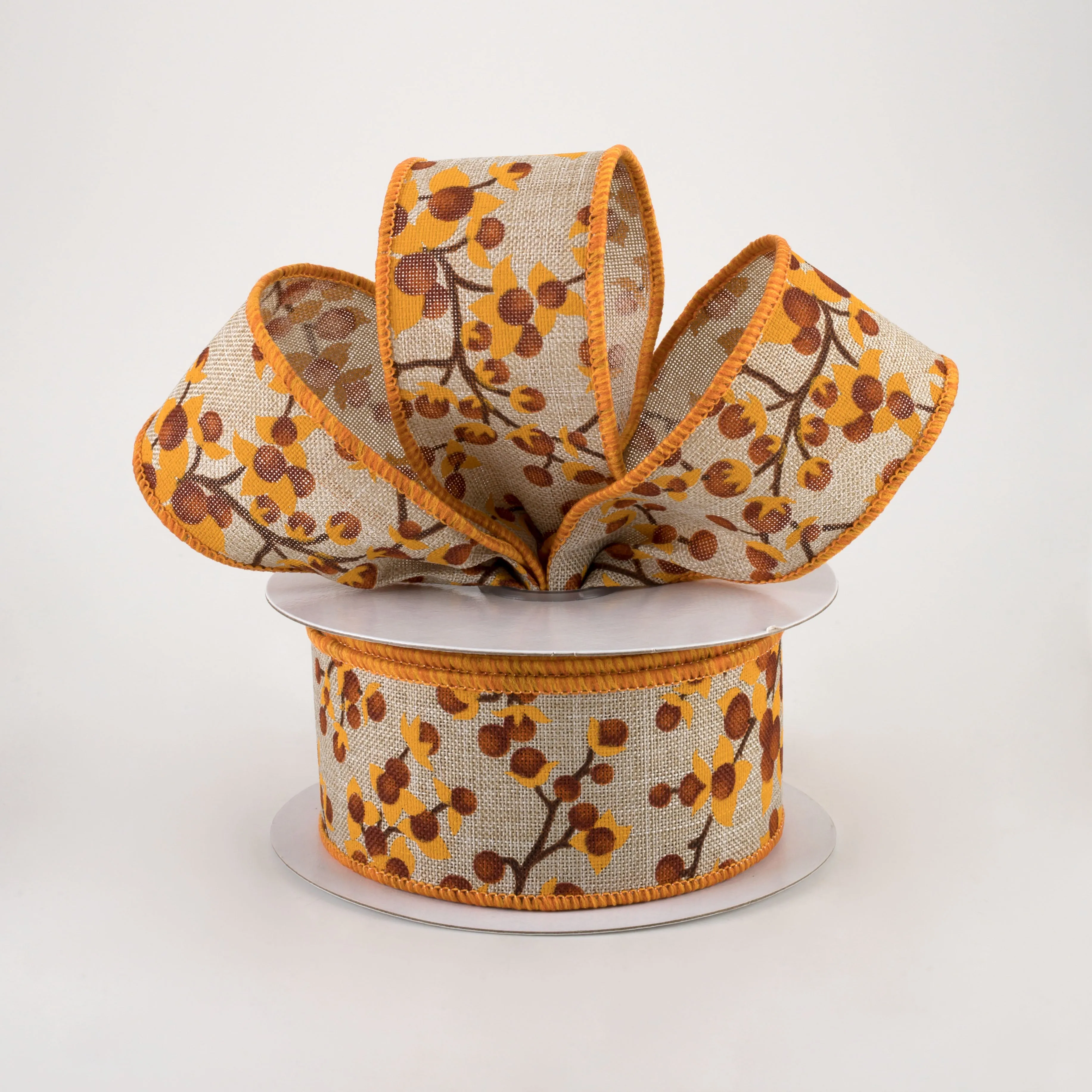 1.5" Bittersweet Berries Ribbon: Natural, Mustard, Rust (10 Yards)
