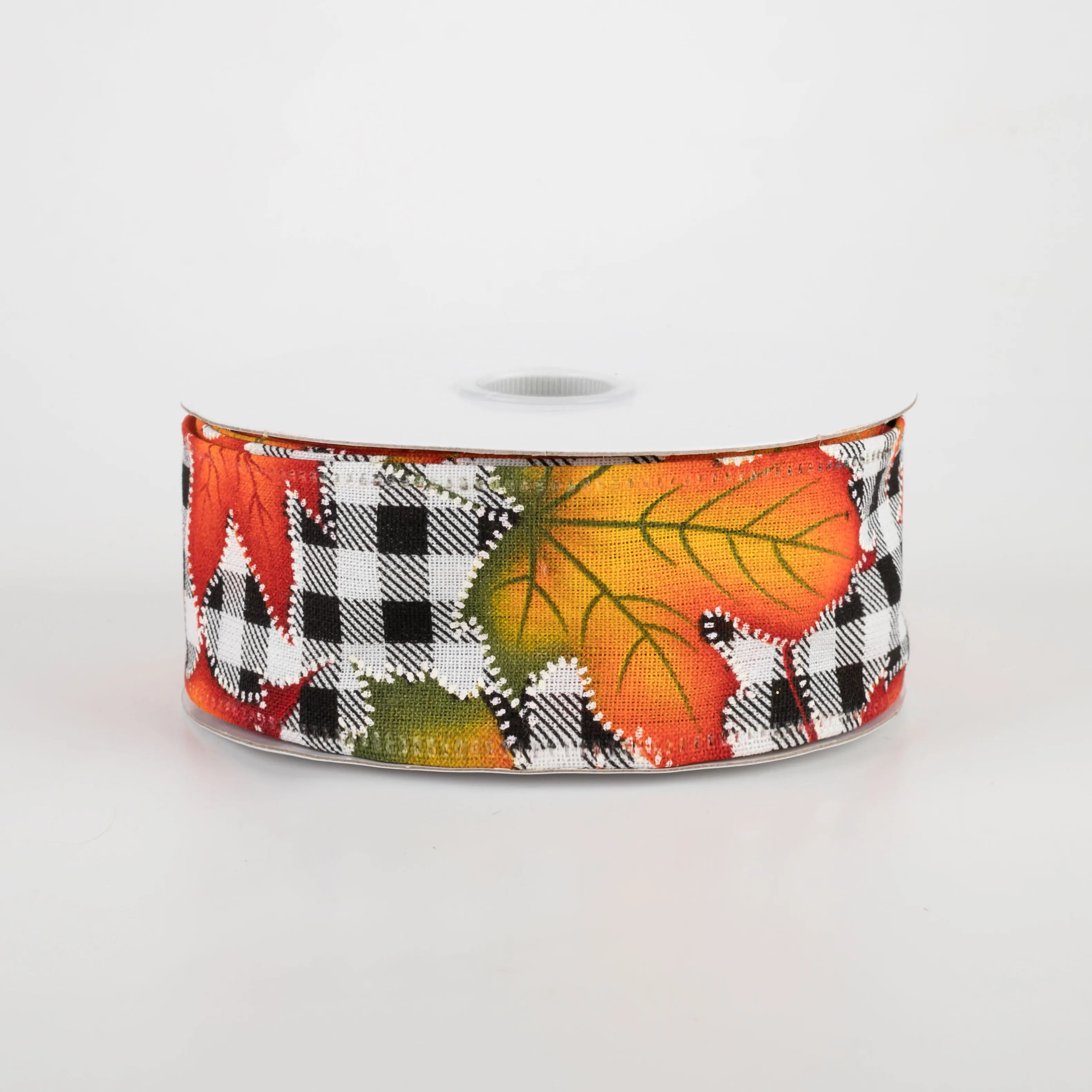 1.5" Black & White Plaid Early Fall Leaves Ribbon (10 Yards)