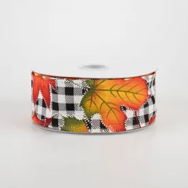 1.5" Black & White Plaid Early Fall Leaves Ribbon (10 Yards)