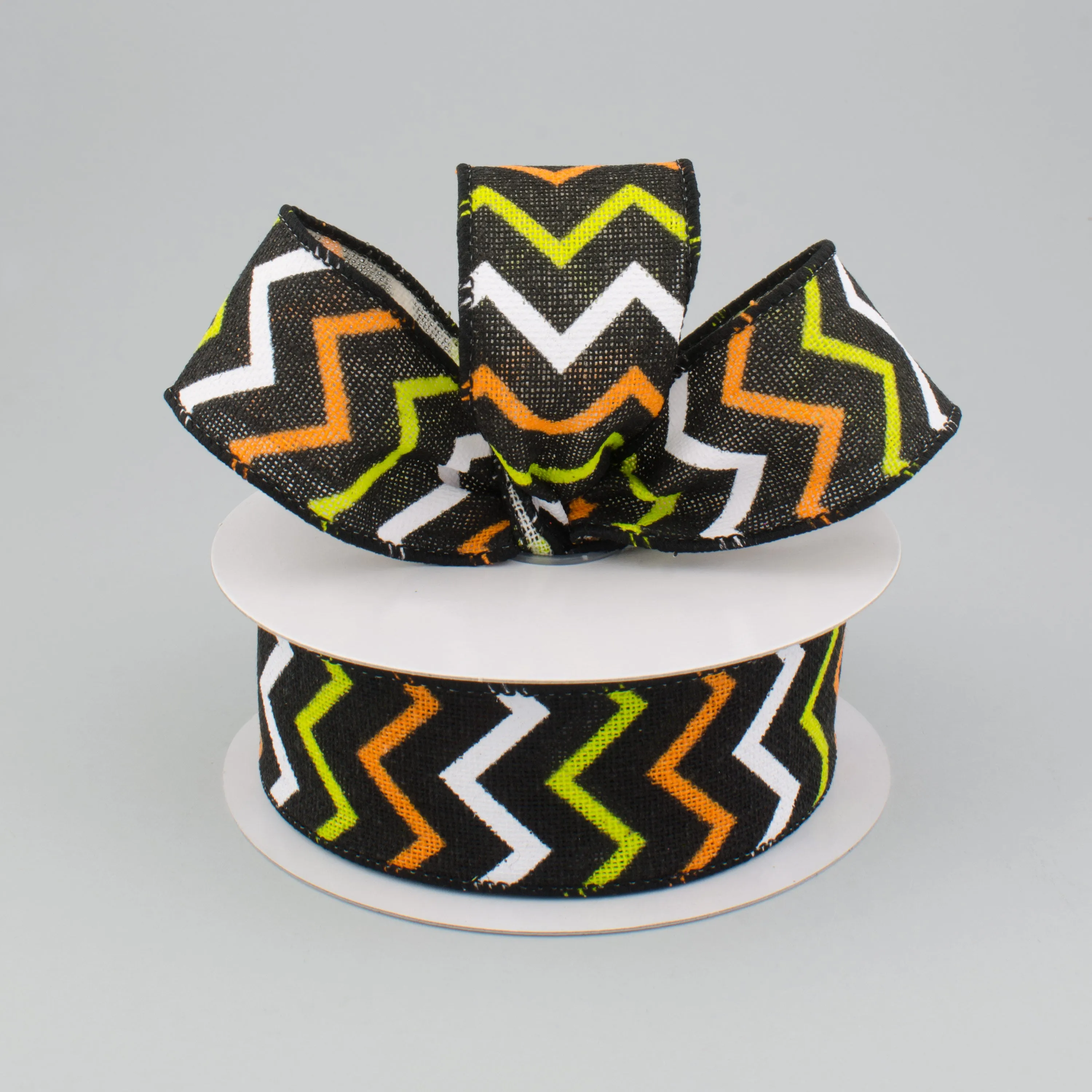 1.5" Black Canvas Chevron Ribbon: Orange, Lime, White (10 Yards)