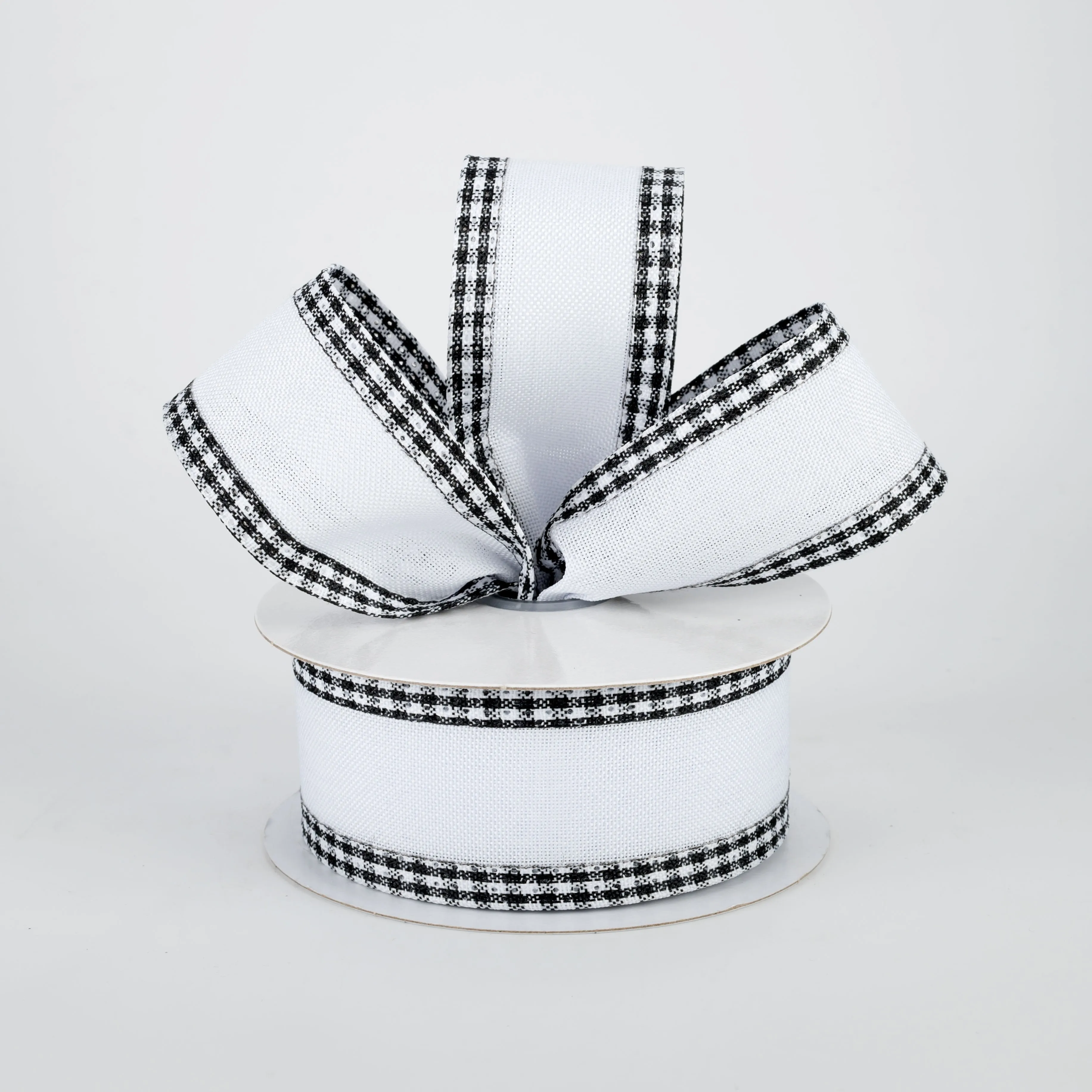 1.5" Black Gingham Edge Ribbon: White (10 Yards)