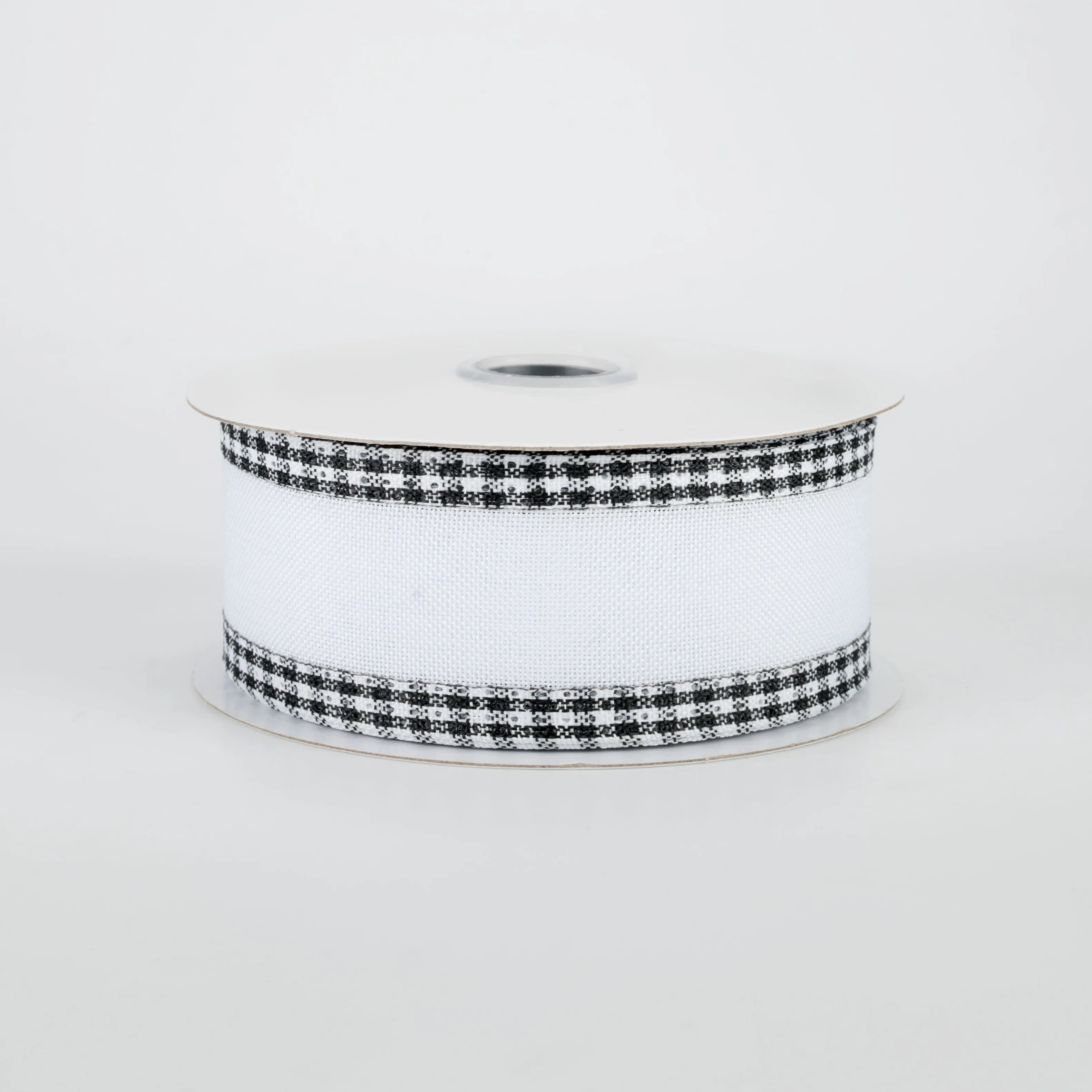 1.5" Black Gingham Edge Ribbon: White (10 Yards)