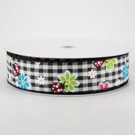 1.5" Bright Daisies and Ladybugs Ribbon: Black & White Gingham (50 Yards)
