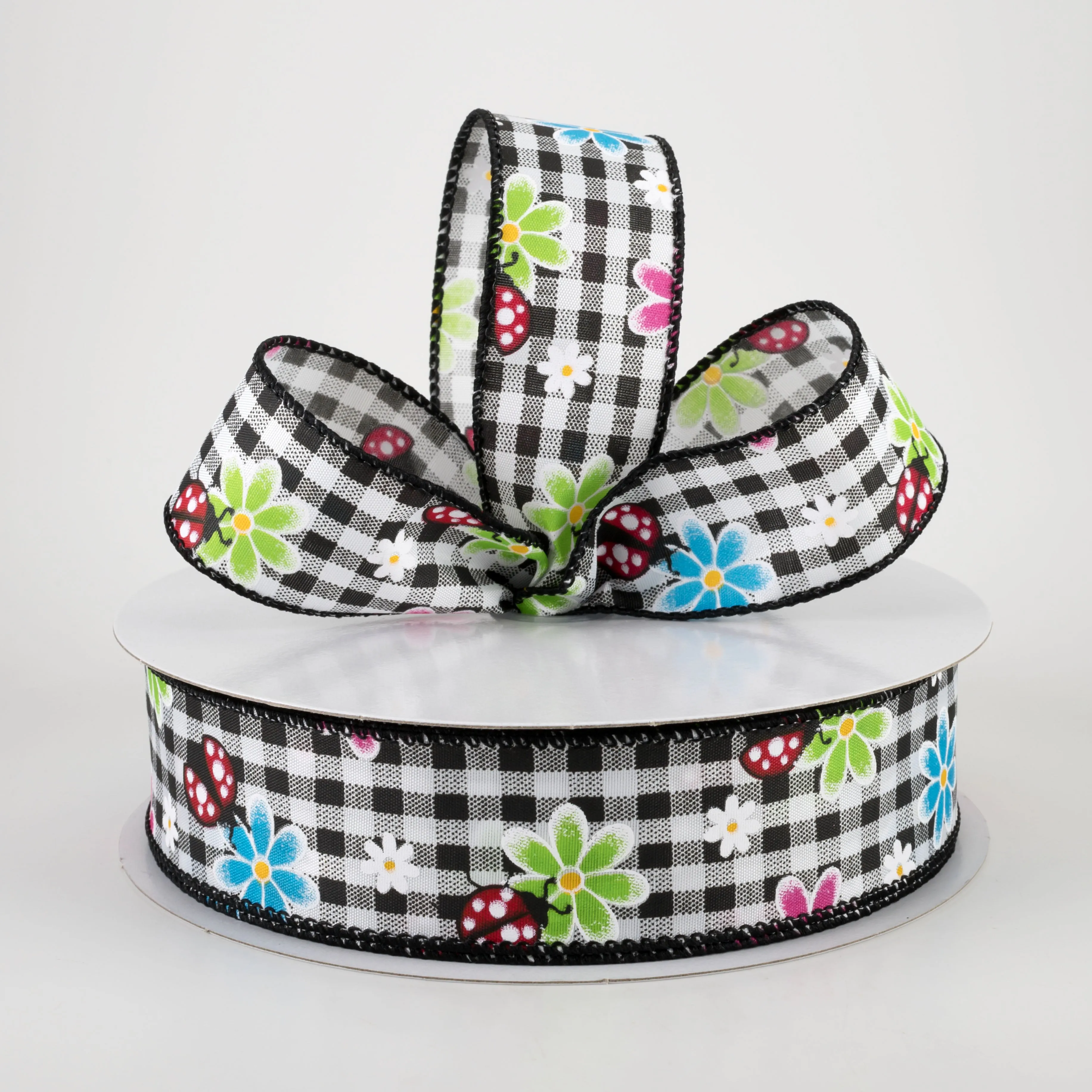 1.5" Bright Daisies and Ladybugs Ribbon: Black & White Gingham (50 Yards)