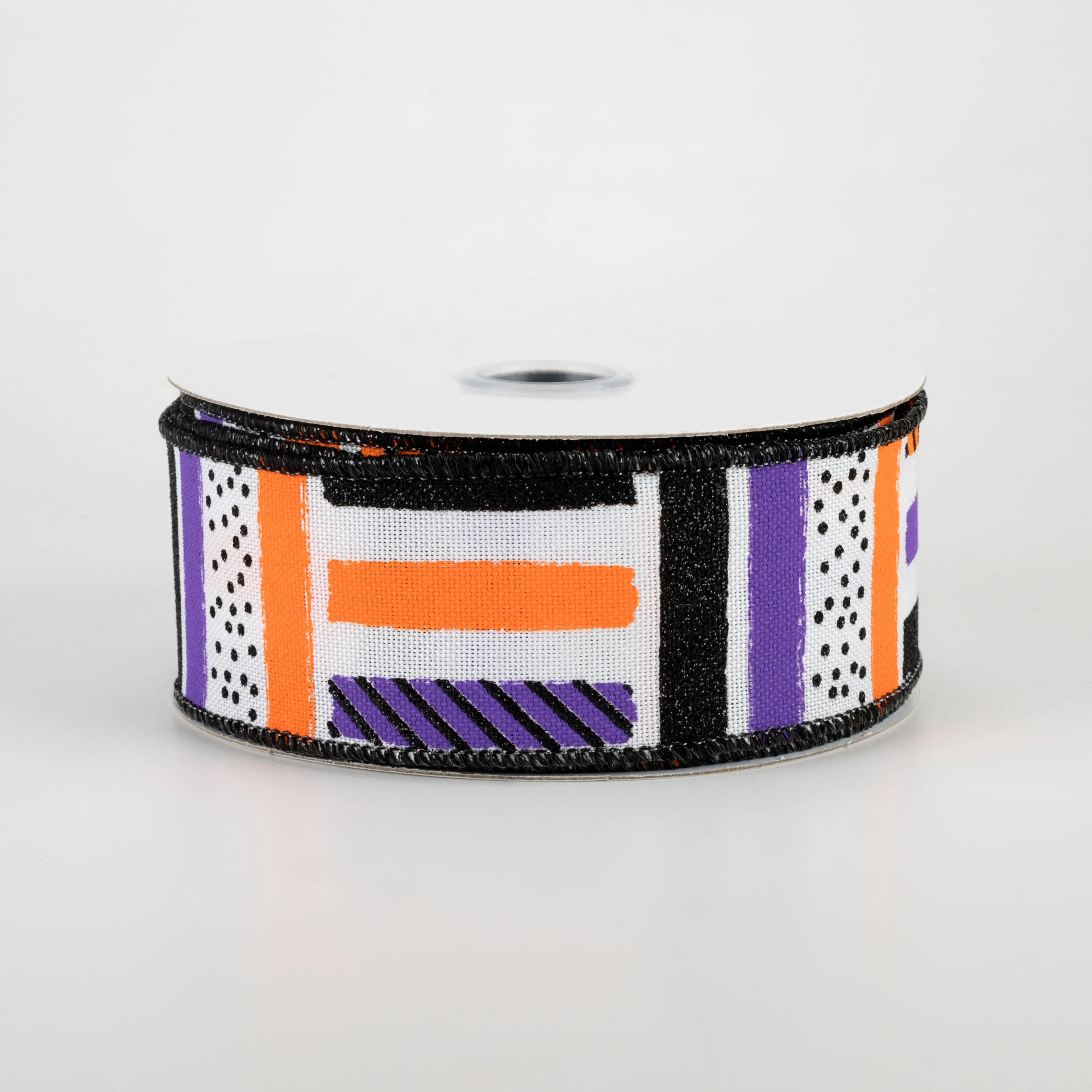 1.5" Brush Stroke Stripes Dots Ribbon: White, Black, Orange, Purple (10 Yards)