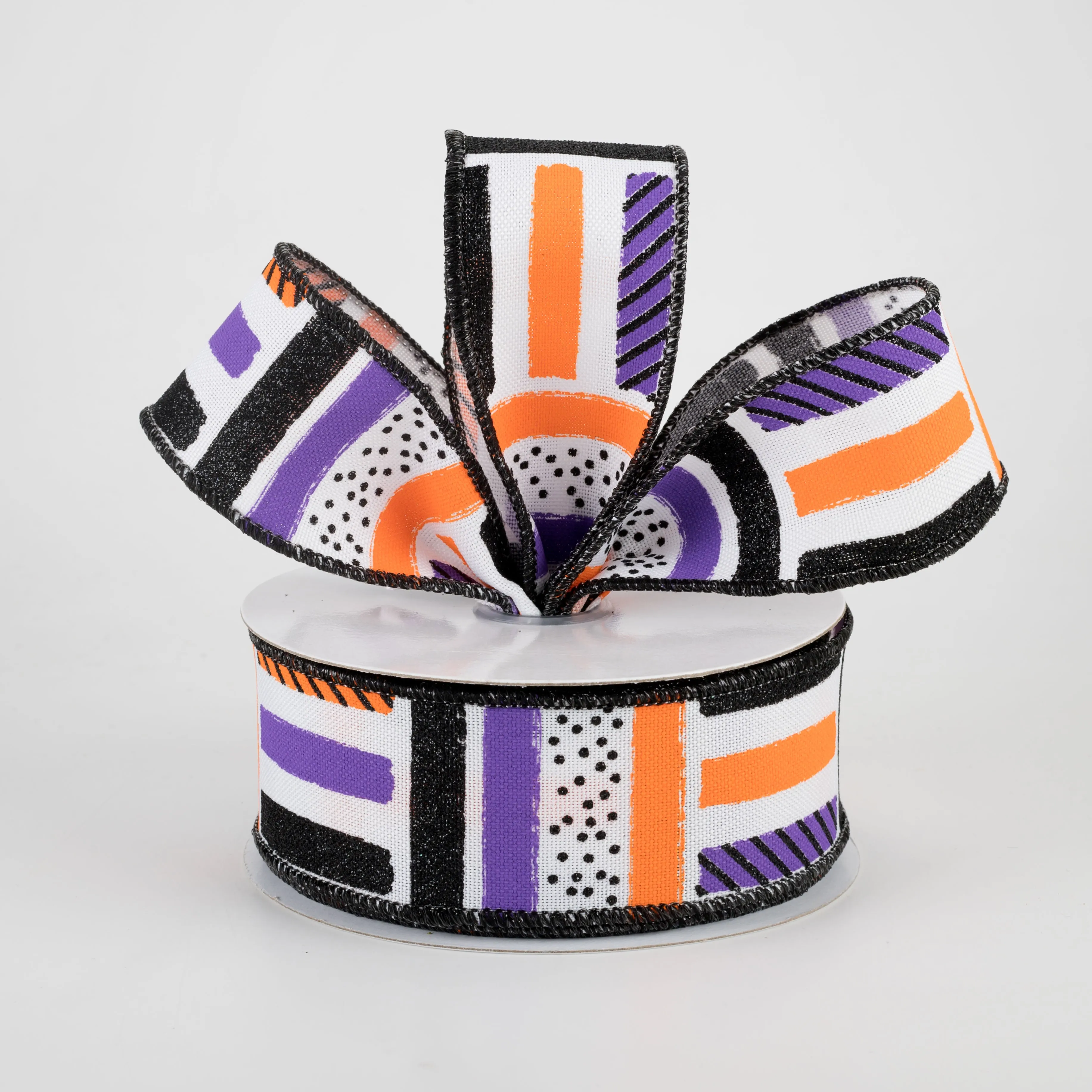 1.5" Brush Stroke Stripes Dots Ribbon: White, Black, Orange, Purple (10 Yards)