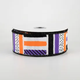1.5" Brush Stroke Stripes Dots Ribbon: White, Black, Orange, Purple (10 Yards)