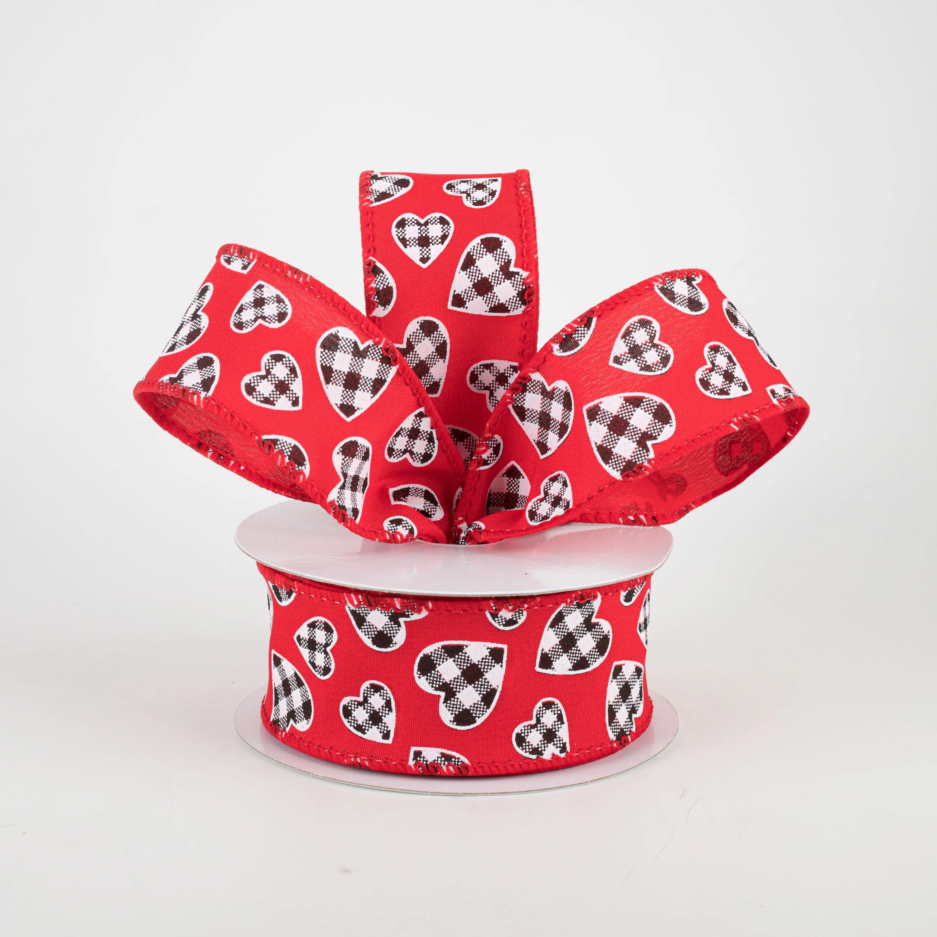 1.5" Buffalo Check Heart Ribbon: Red (10 Yards)