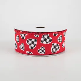1.5" Buffalo Check Heart Ribbon: Red (10 Yards)