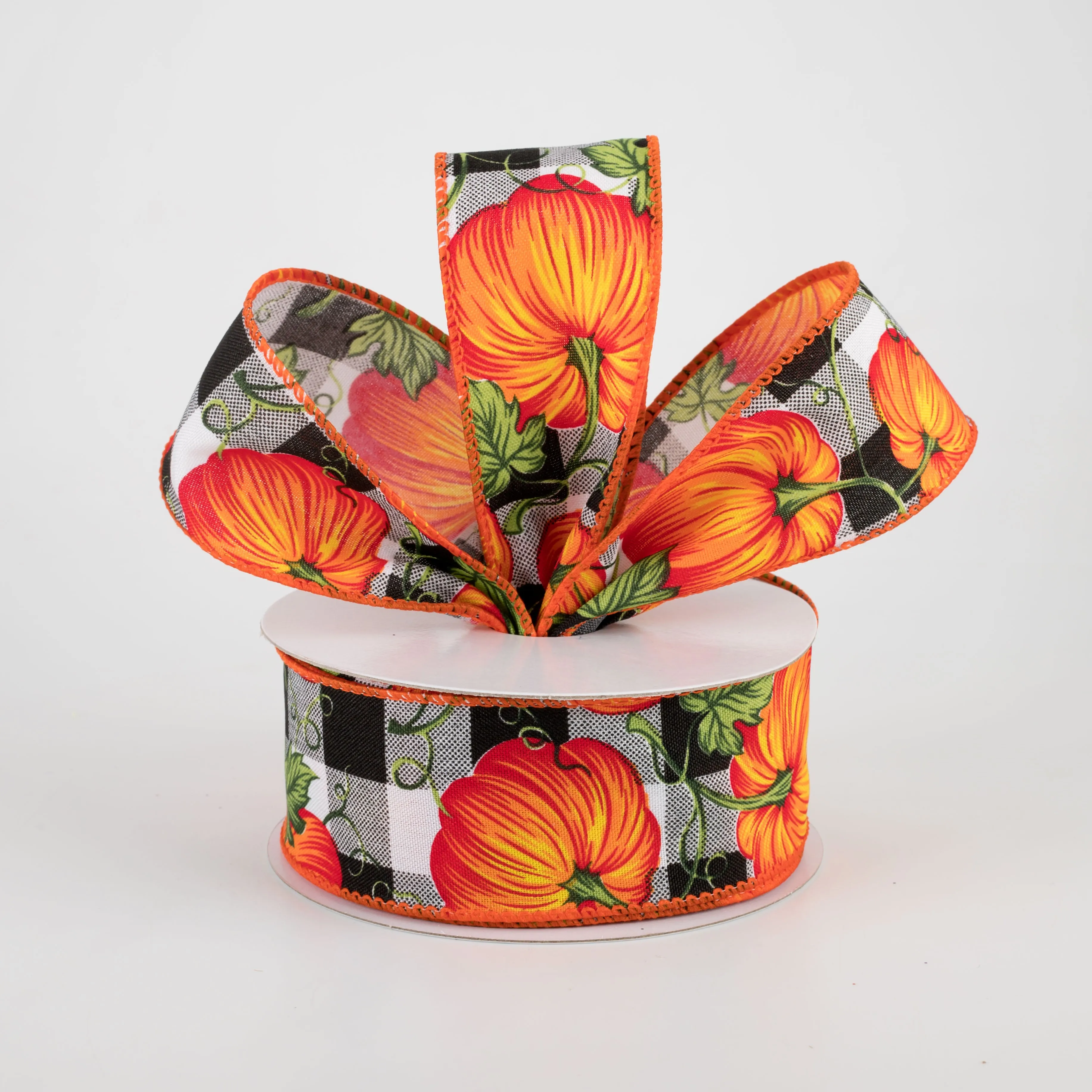 1.5" Buffalo Plaid With Orange Pumpkins: Black & White (10 Yards)