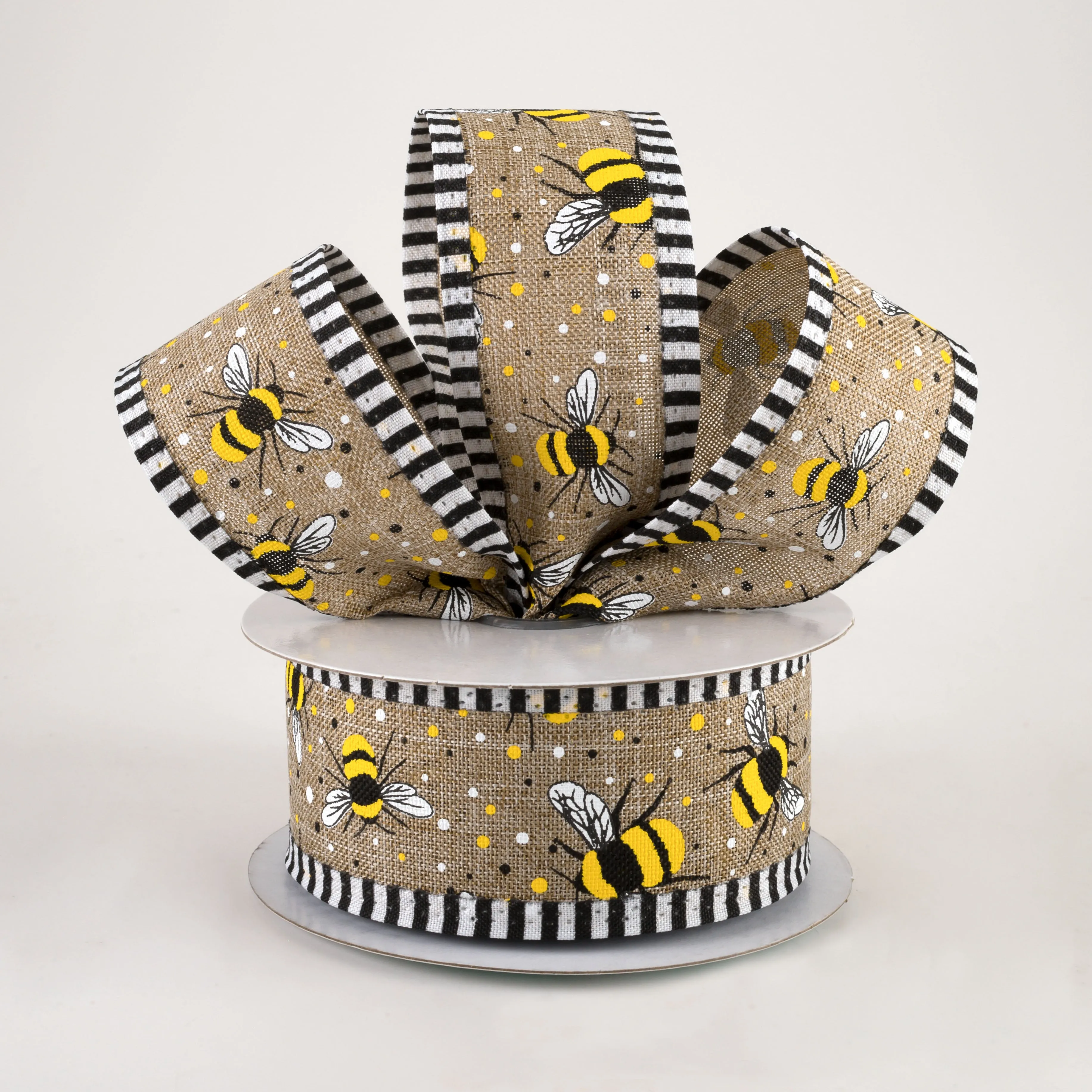 1.5" Bumble Bee Stripe Edge Ribbon: Light Beige (10 Yards)