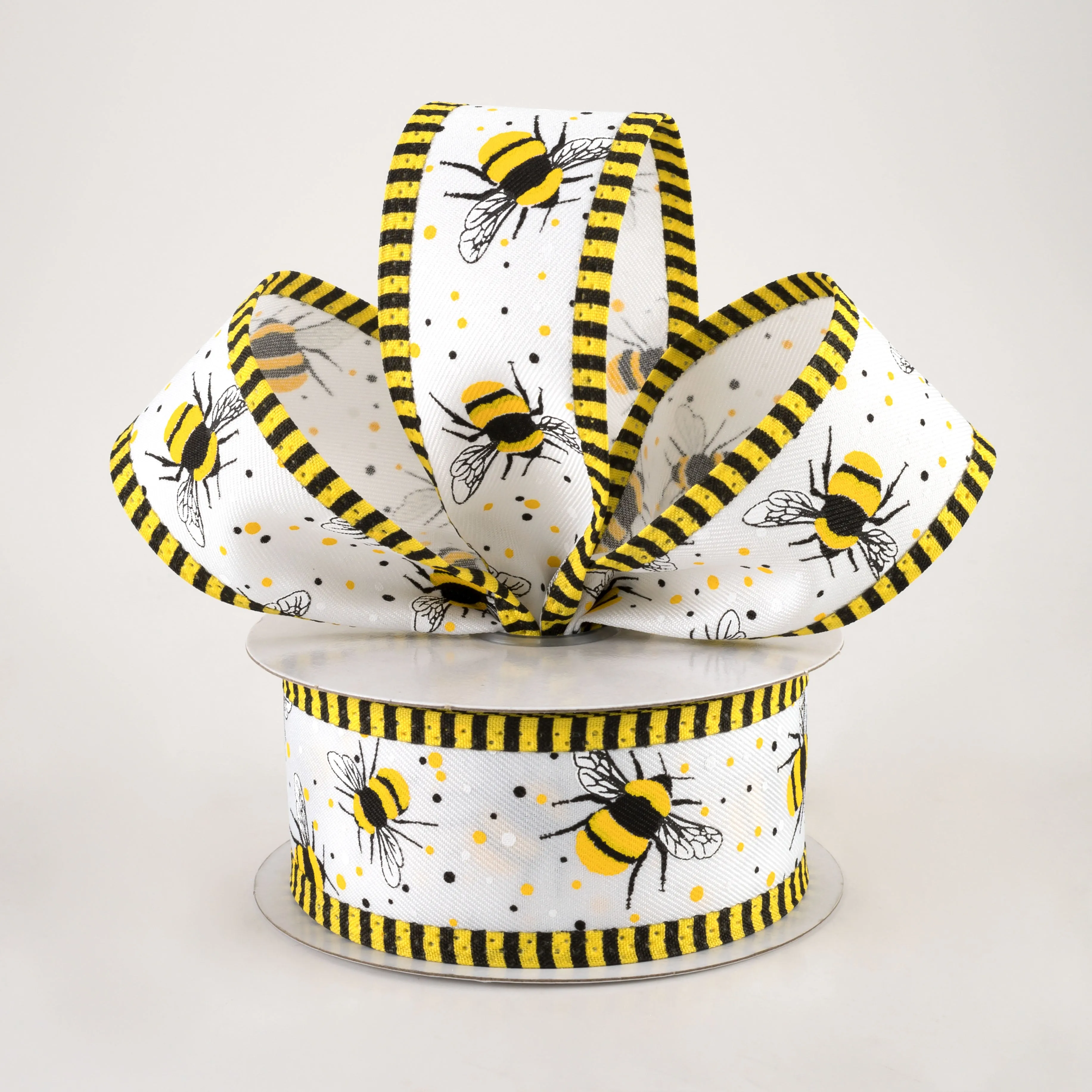 1.5" Bumble Bee Stripe Edge Ribbon: White (10 Yards)
