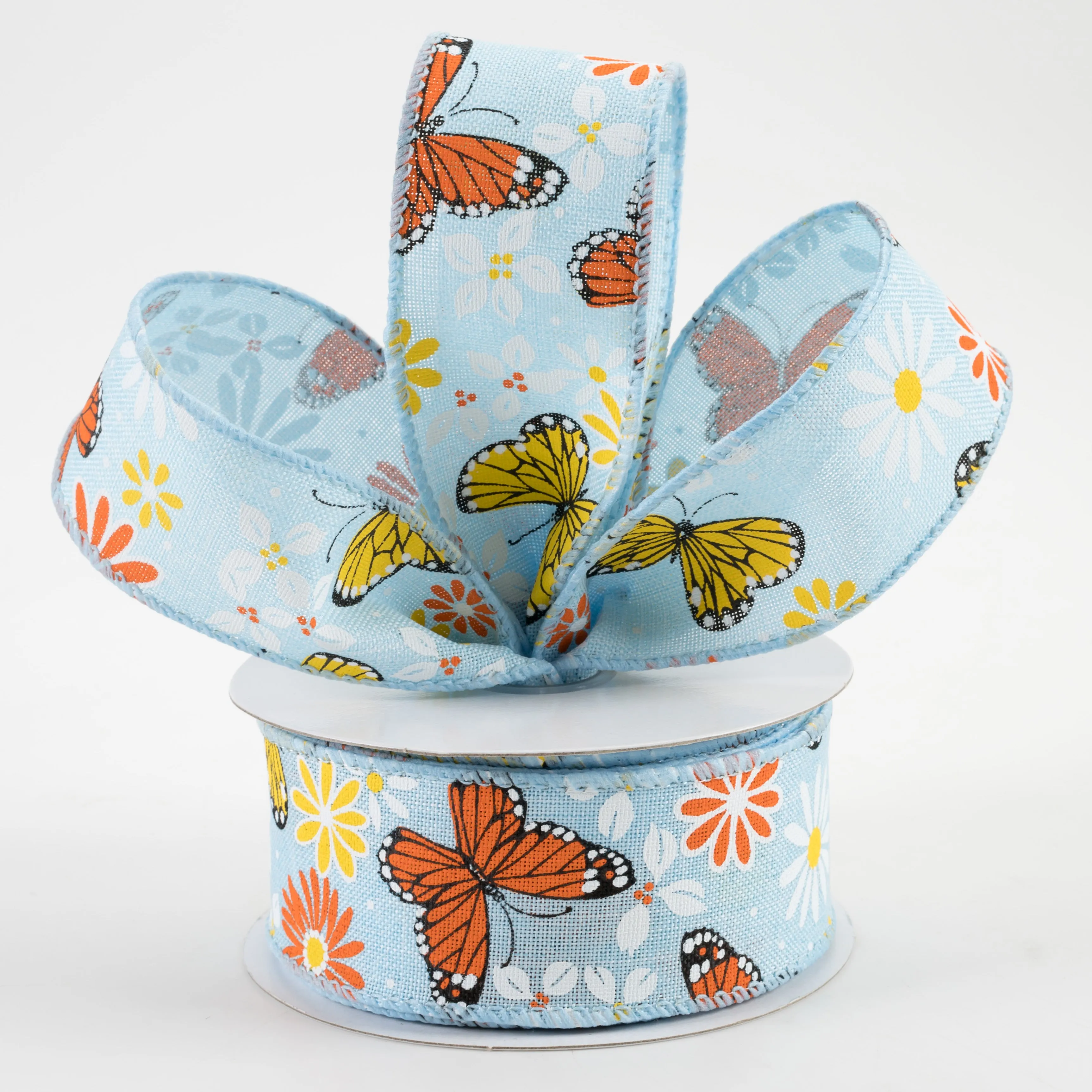 1.5" Butterflies & Flowers Linen Ribbon: Light Blue (10 Yards)