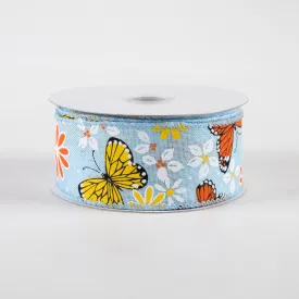 1.5" Butterflies & Flowers Linen Ribbon: Light Blue (10 Yards)