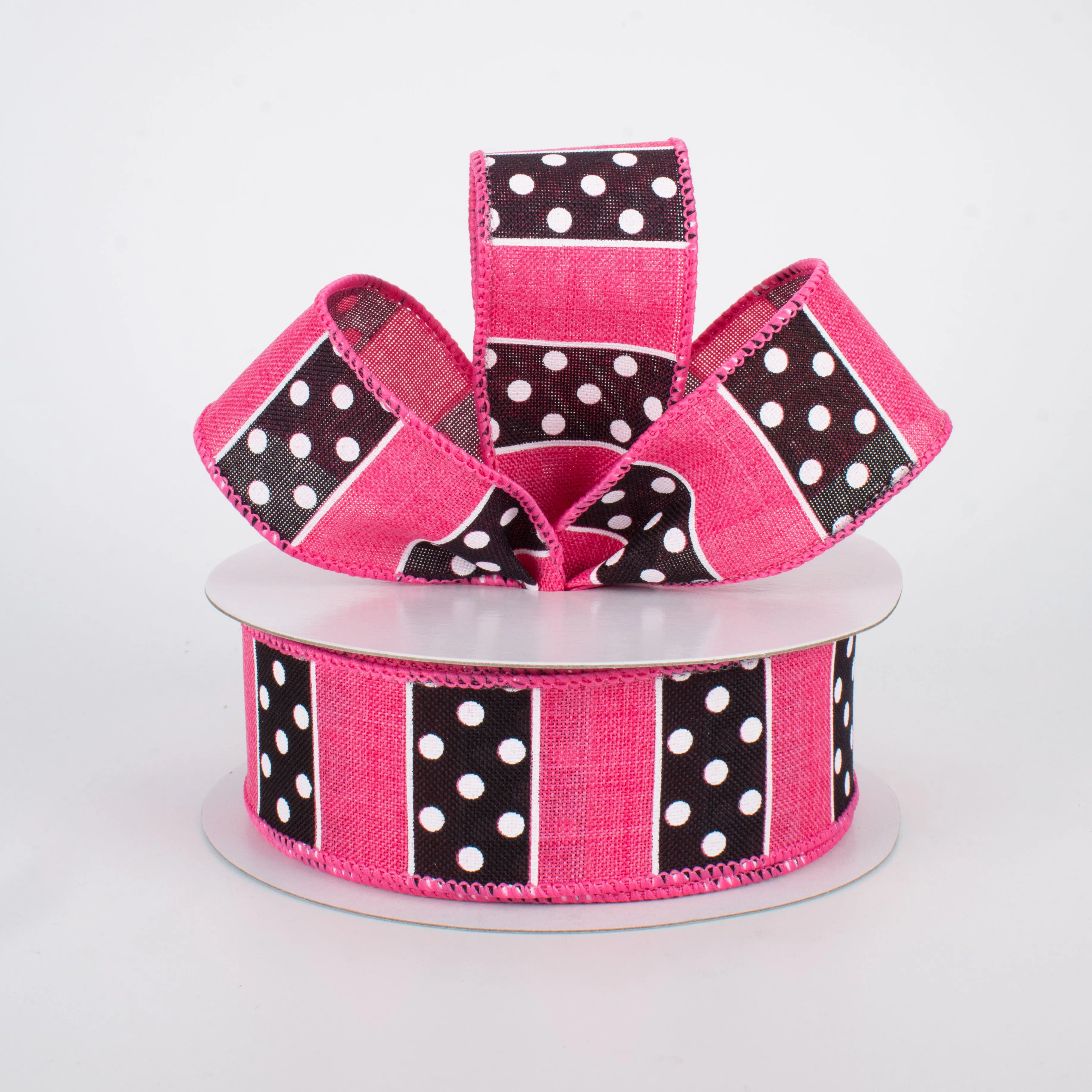 1.5" BW Polka Dot Stripes Ribbon: Hot Pink (10 Yards)