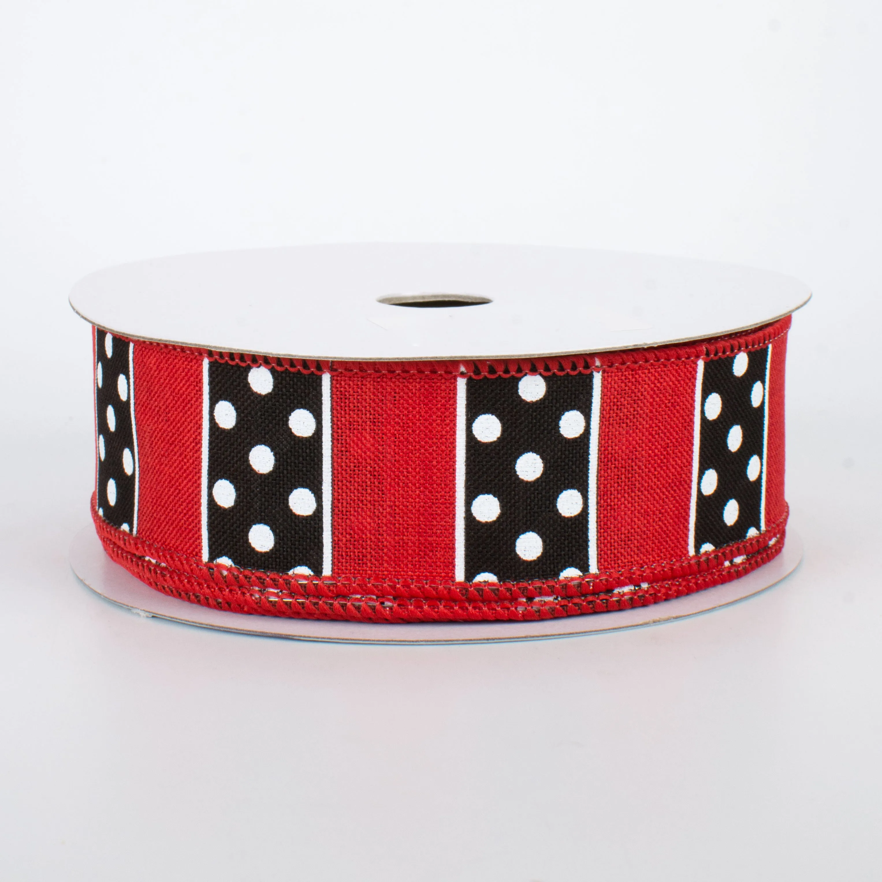 1.5" BW Polka Dot Stripes Ribbon: Red (10 Yards)