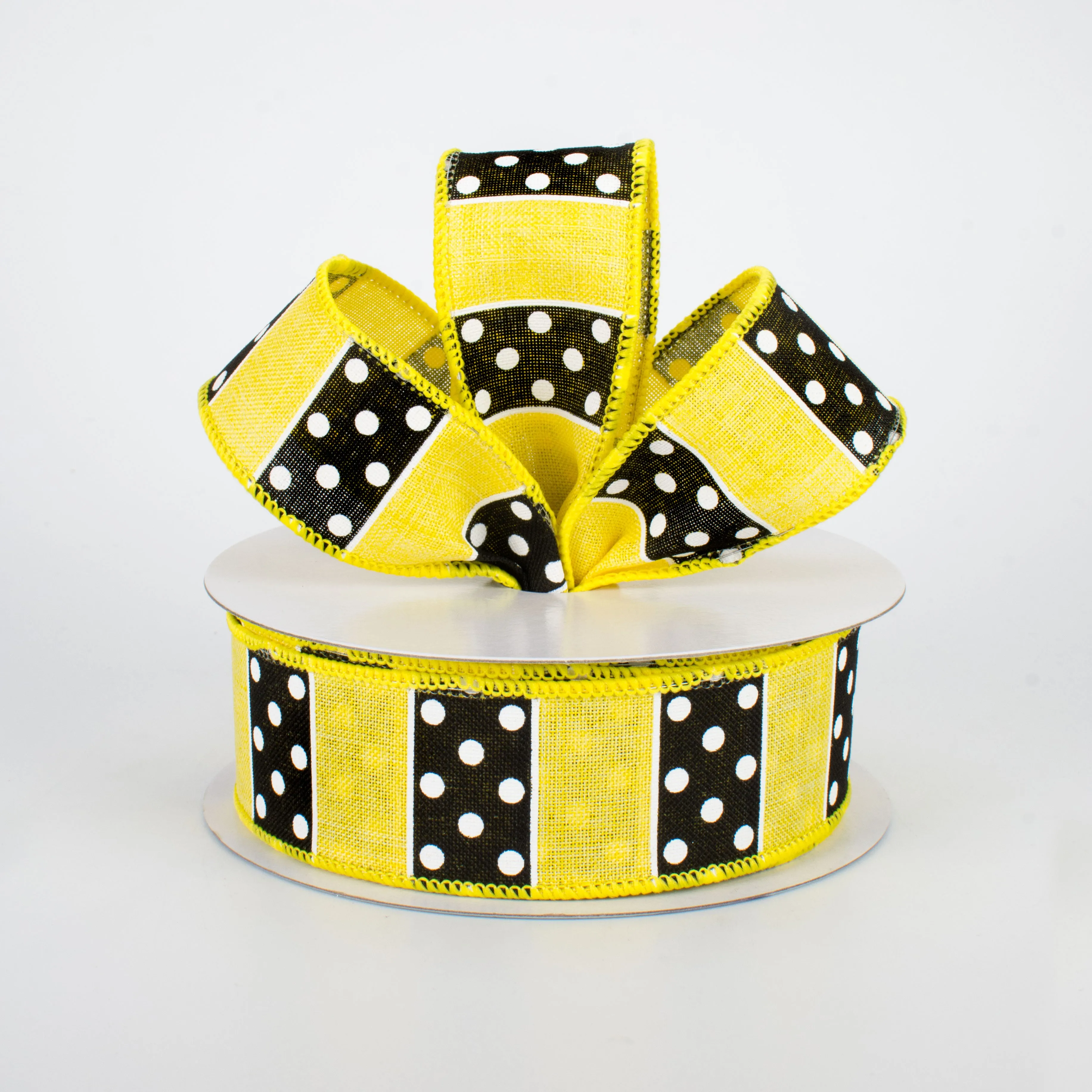 1.5" BW Polka Dot Stripes Ribbon: Yellow (10 Yards)
