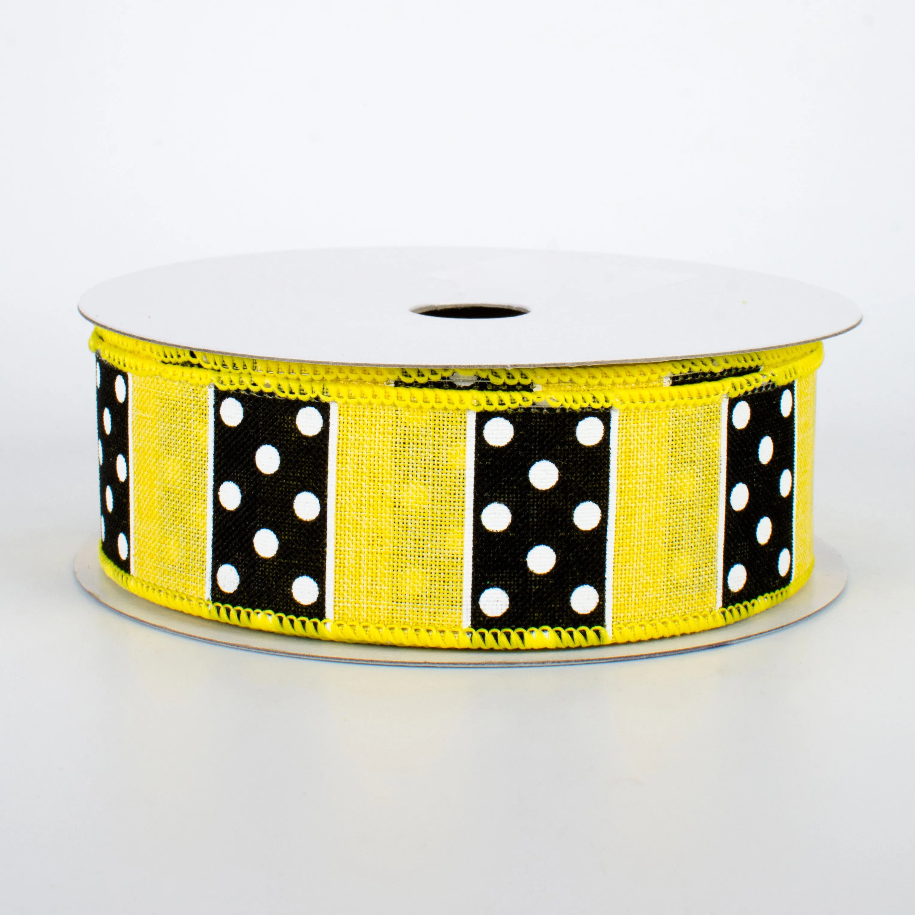 1.5" BW Polka Dot Stripes Ribbon: Yellow (10 Yards)
