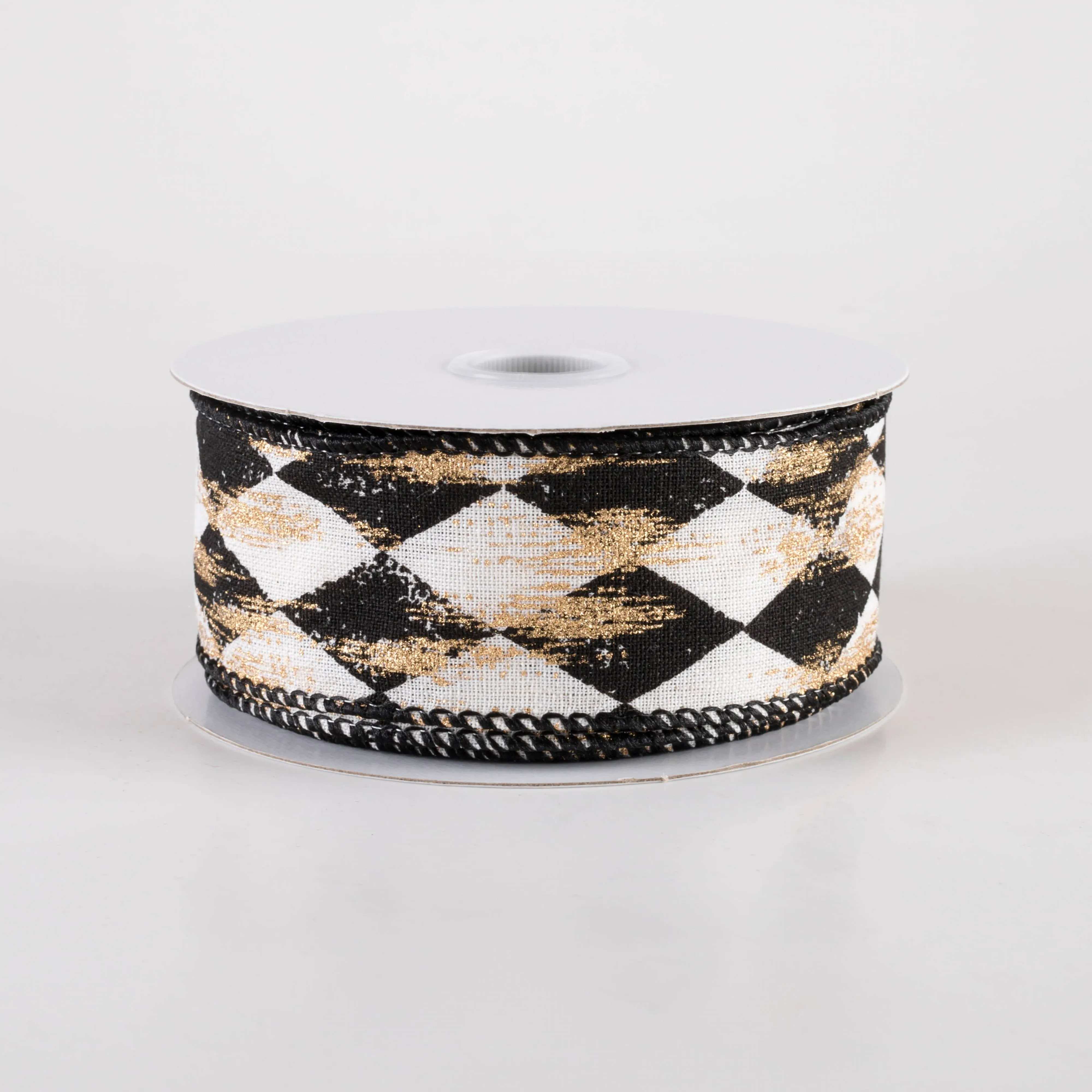 1.5" Canvas Harlequin Gold Painted Ribbon: Cream & Black (10 Yards)