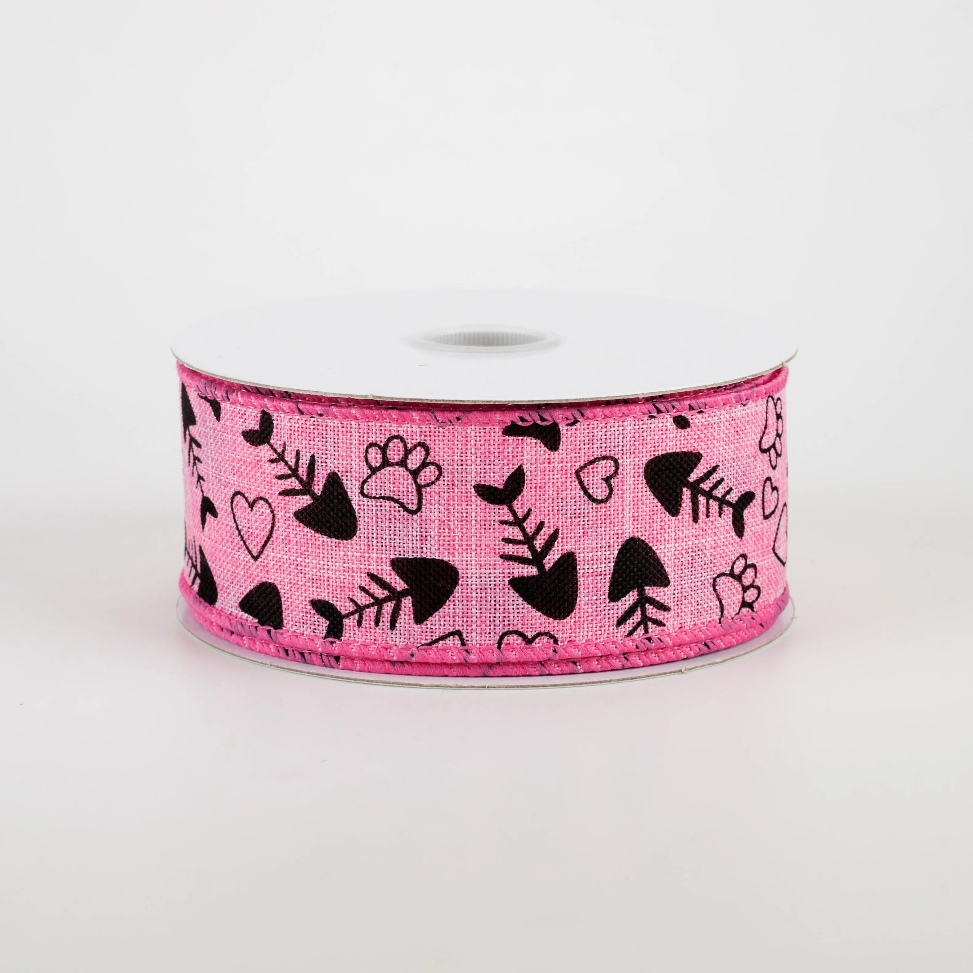 1.5" Cat Treat, Paw, Heart Ribbon: Pink (10 Yards)