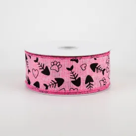 1.5" Cat Treat, Paw, Heart Ribbon: Pink (10 Yards)