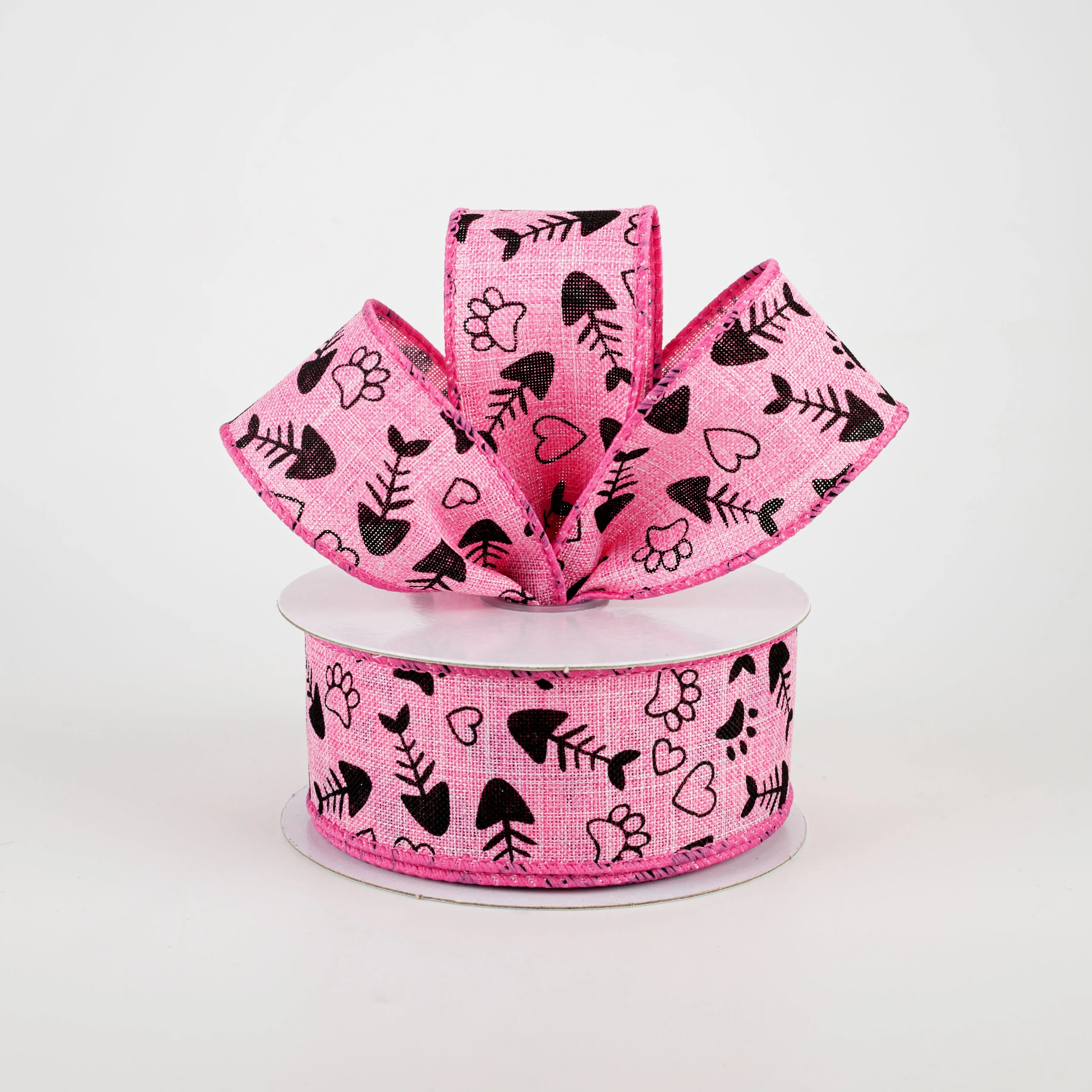 1.5" Cat Treat, Paw, Heart Ribbon: Pink (10 Yards)
