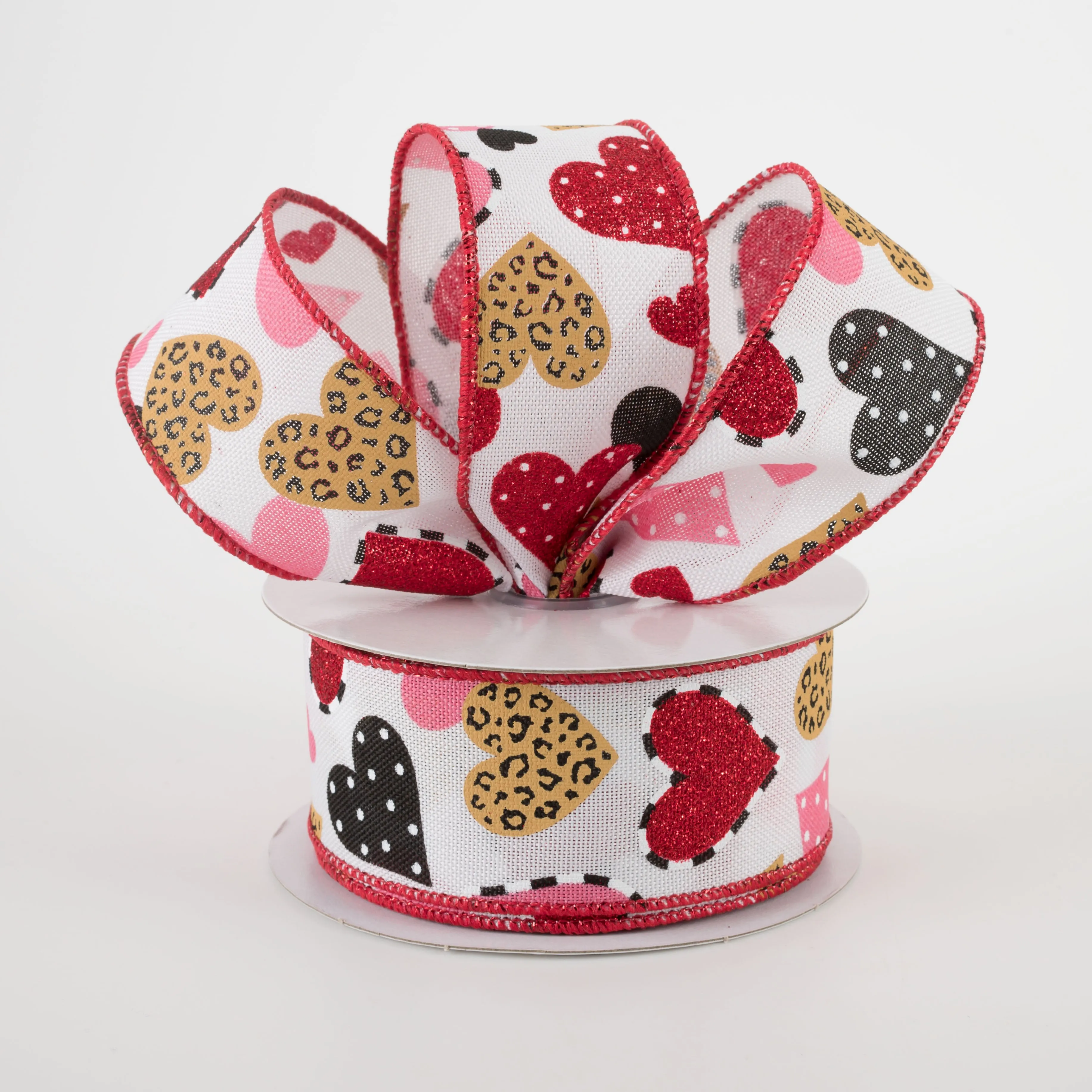 1.5" Cheetah Patterned Hearts Ribbon (10 Yards)