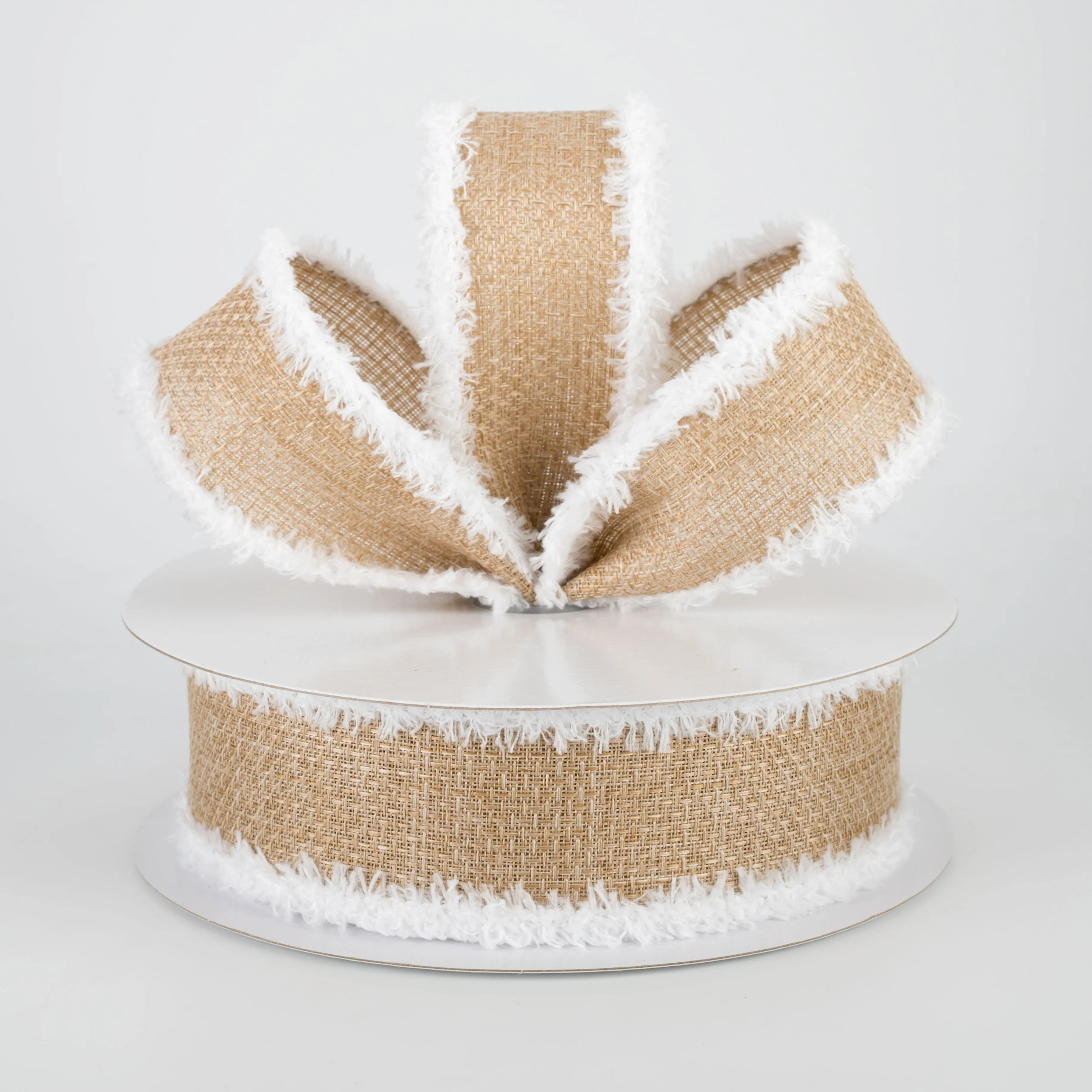 1.5" Chenille Edge Ribbon: Beige & White (10 Yards)