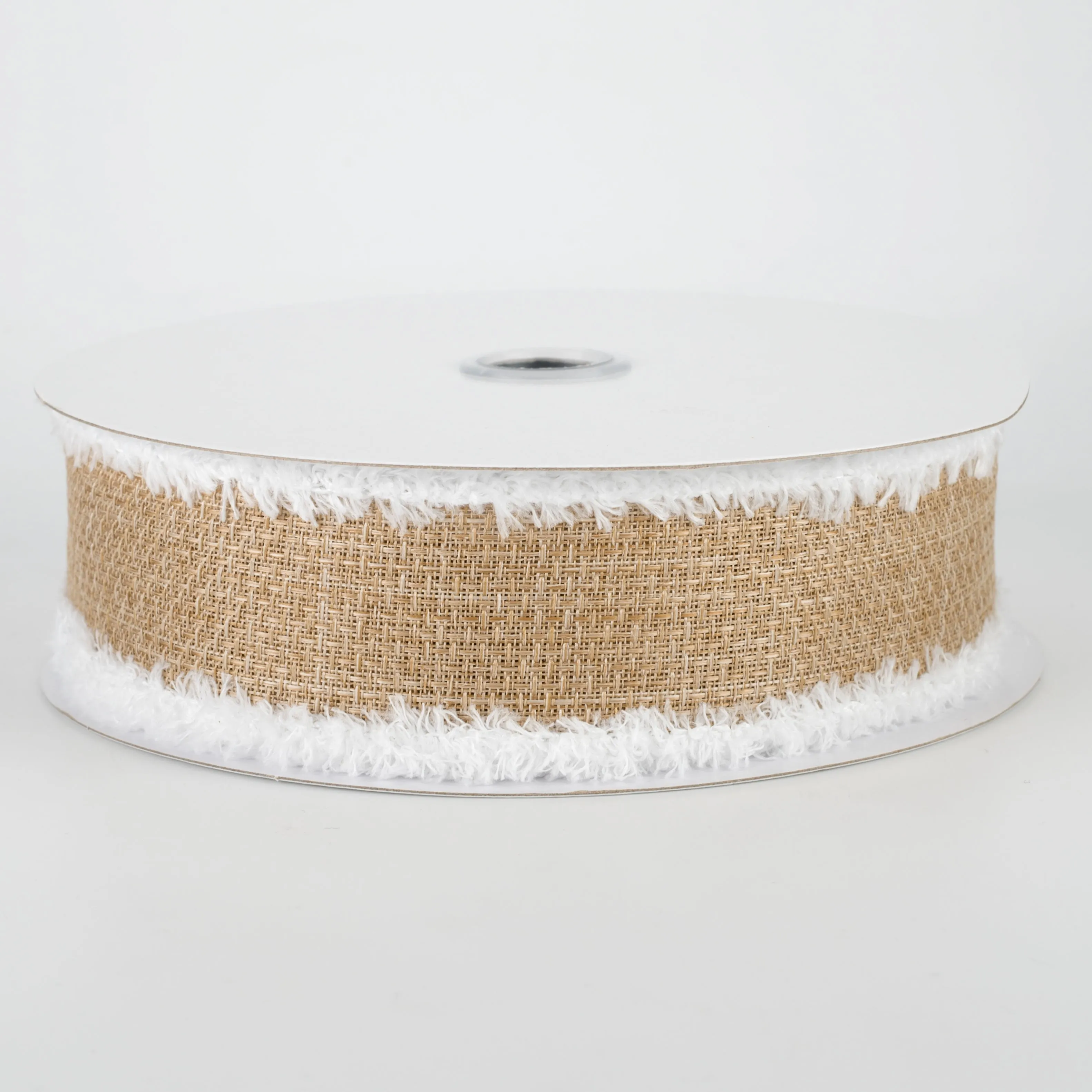 1.5" Chenille Edge Ribbon: Beige & White (10 Yards)