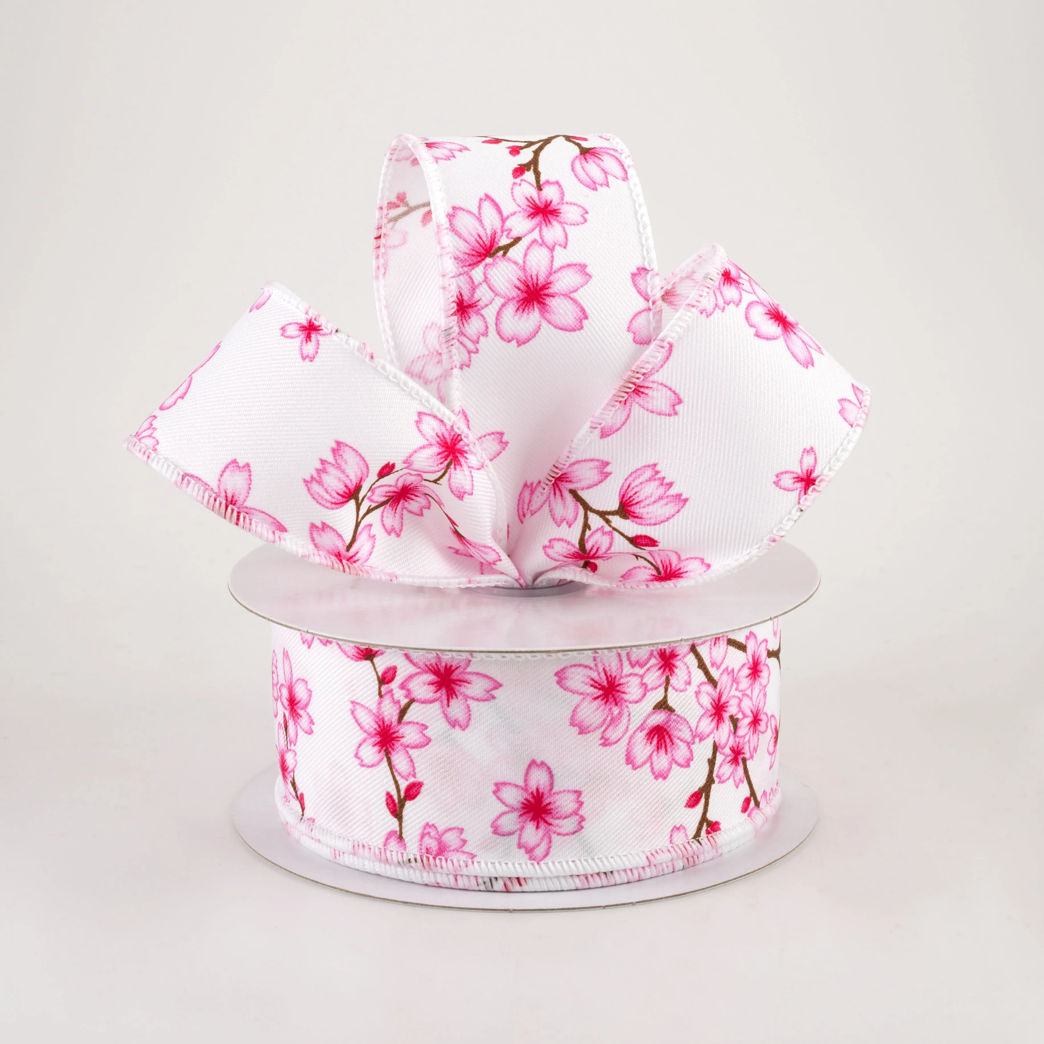 1.5" Cherry Blossoms Ribbon: White & Pink (10 Yards)