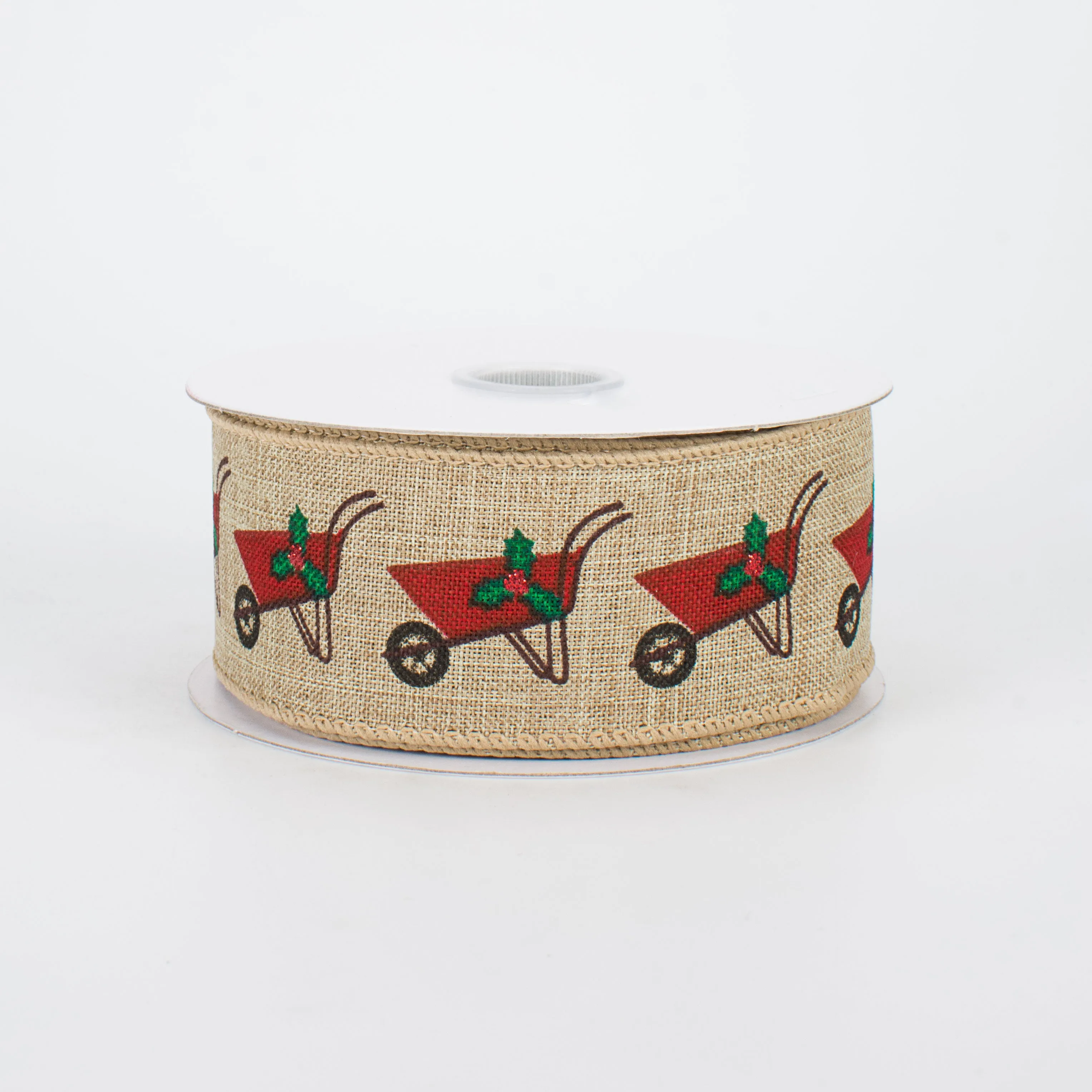 1.5" Christmas Wheelbarrow Ribbon: Natural (10 Yards)