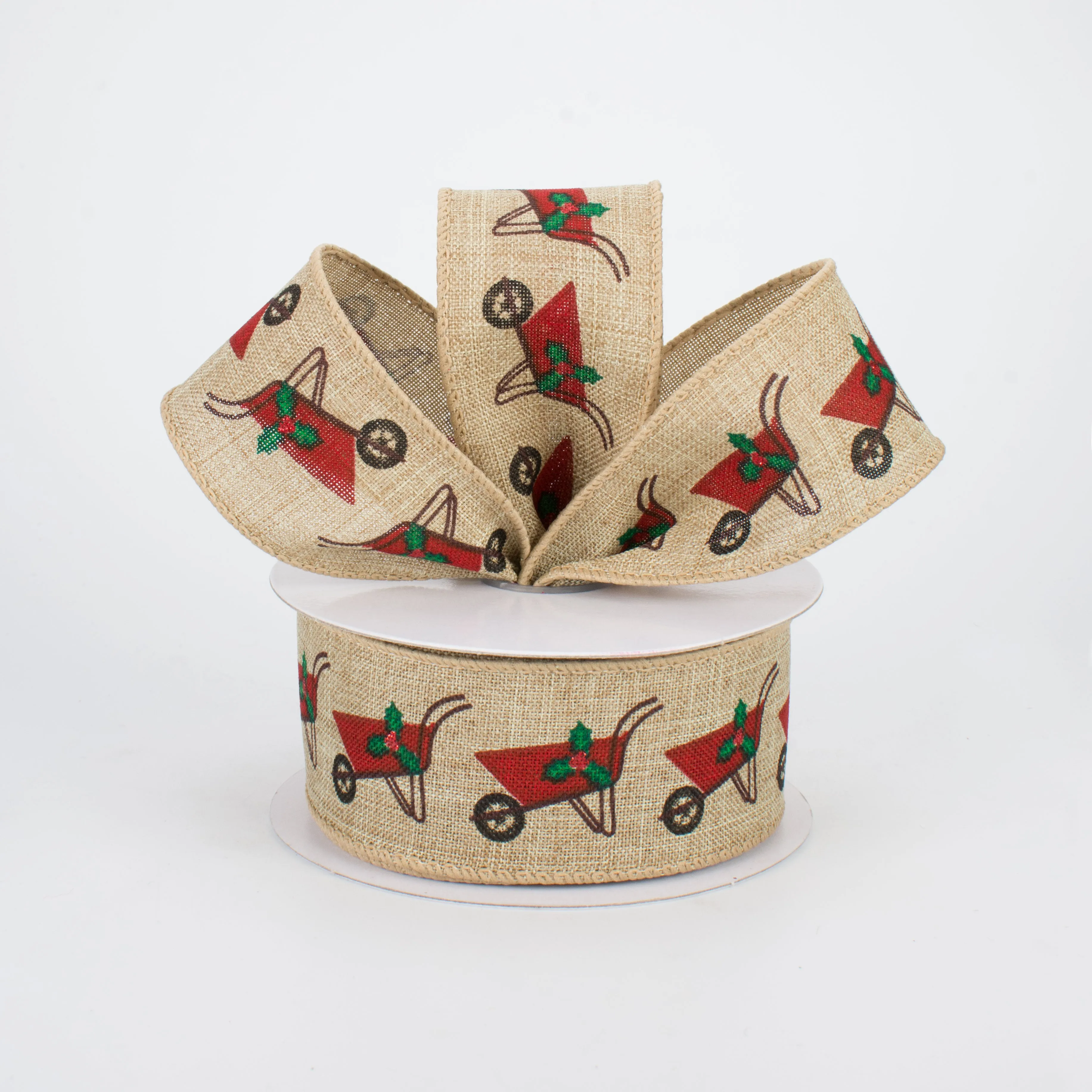 1.5" Christmas Wheelbarrow Ribbon: Natural (10 Yards)