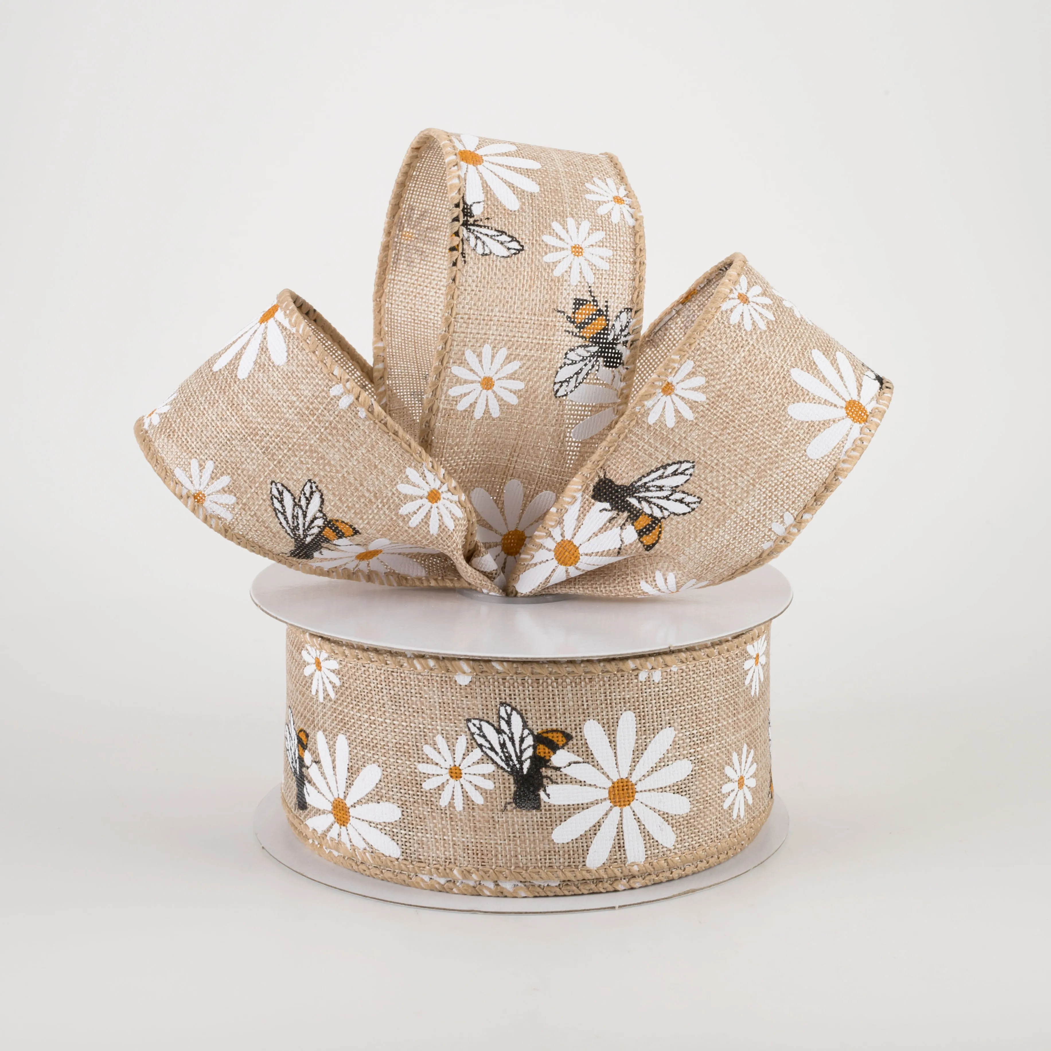 1.5" Daisies & Bees Ribbon: Natural Linen (10 Yards)
