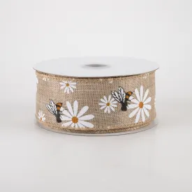 1.5" Daisies & Bees Ribbon: Natural Linen (10 Yards)