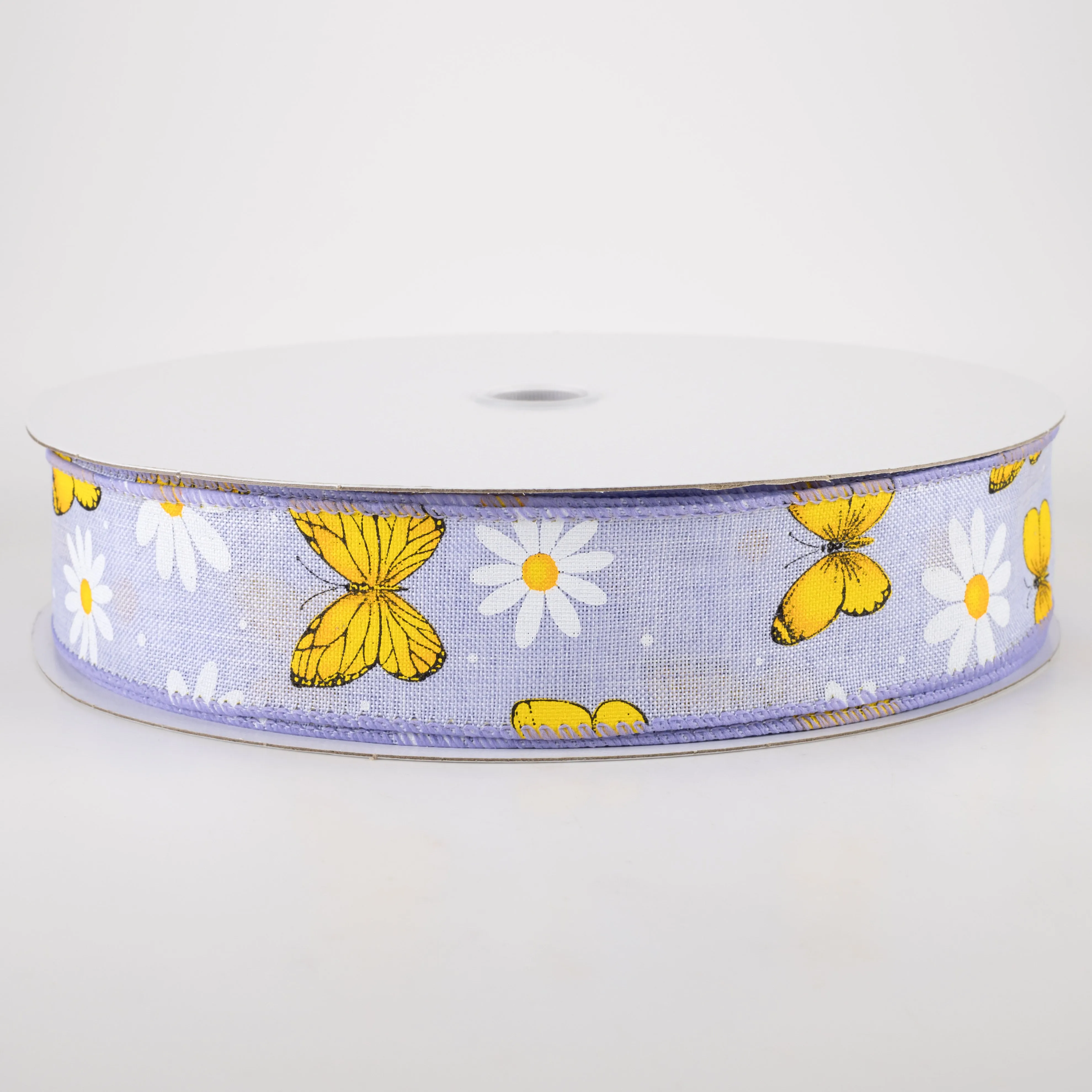 1.5" Daisies & Butterflies Linen Ribbon: Lavender (50 Yards)