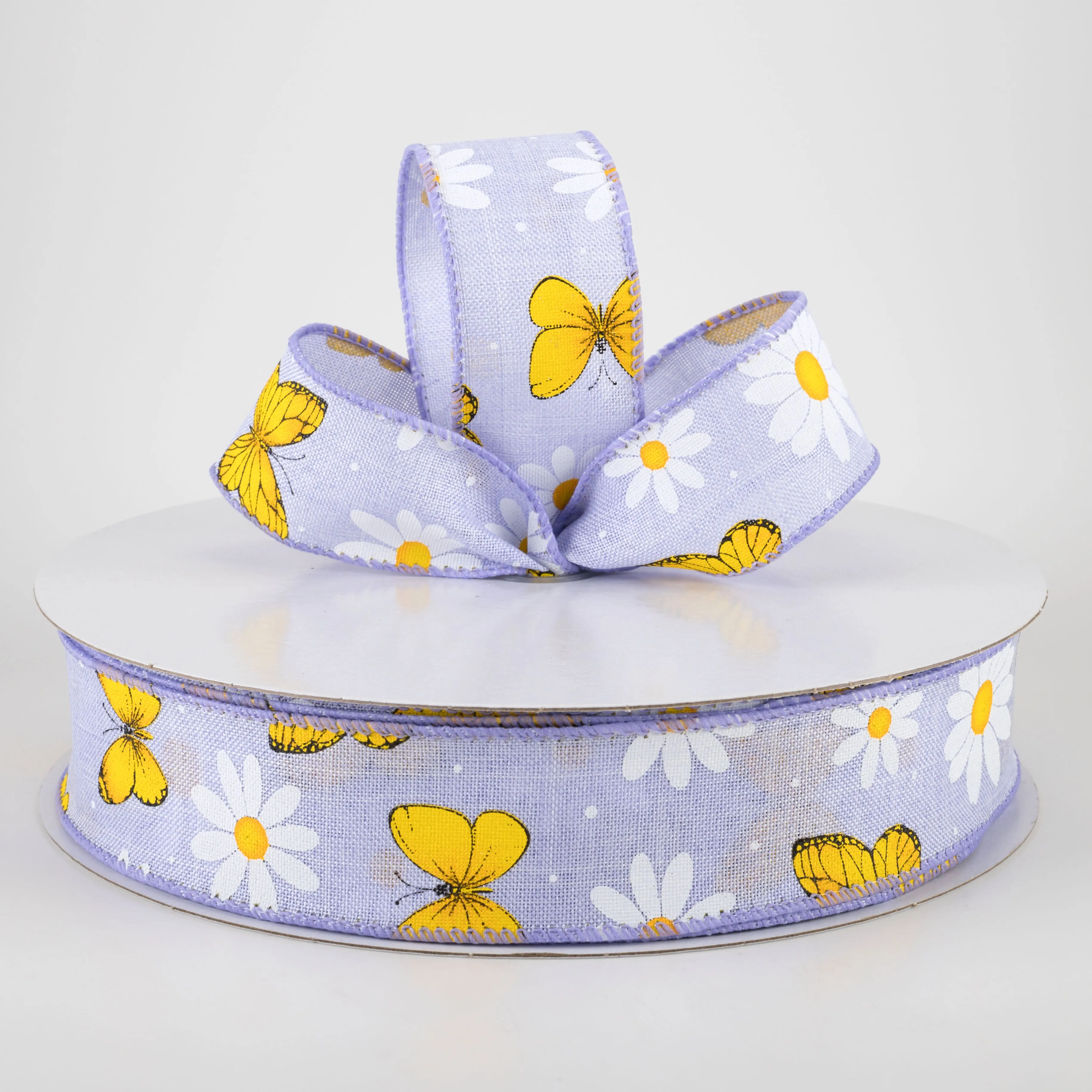 1.5" Daisies & Butterflies Linen Ribbon: Lavender (50 Yards)