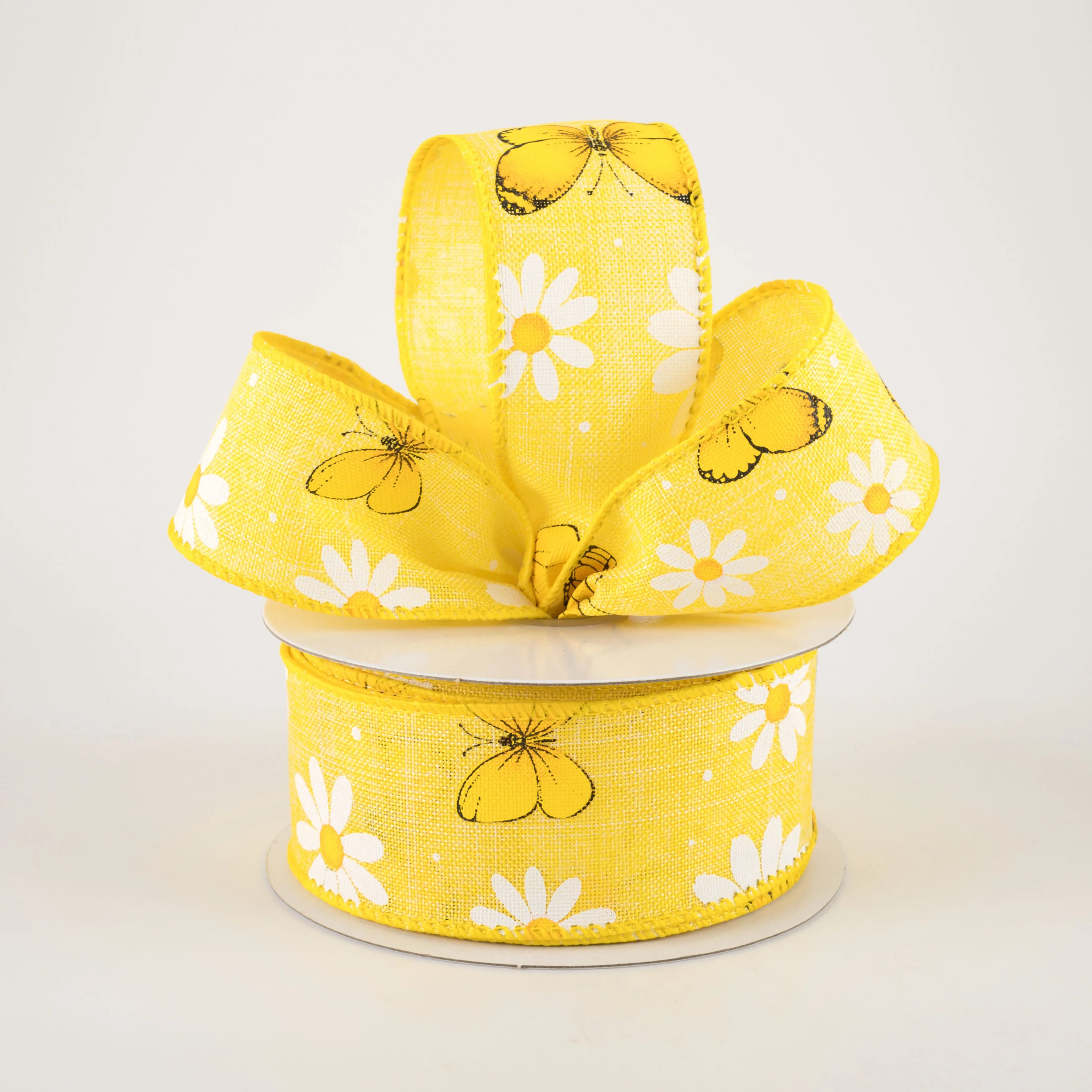 1.5" Daisies & Butterflies Linen Ribbon: Yellow (10 Yards)