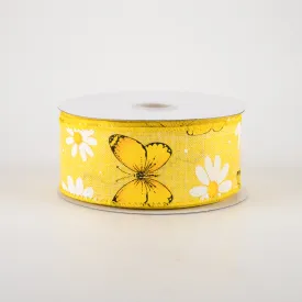 1.5" Daisies & Butterflies Linen Ribbon: Yellow (10 Yards)