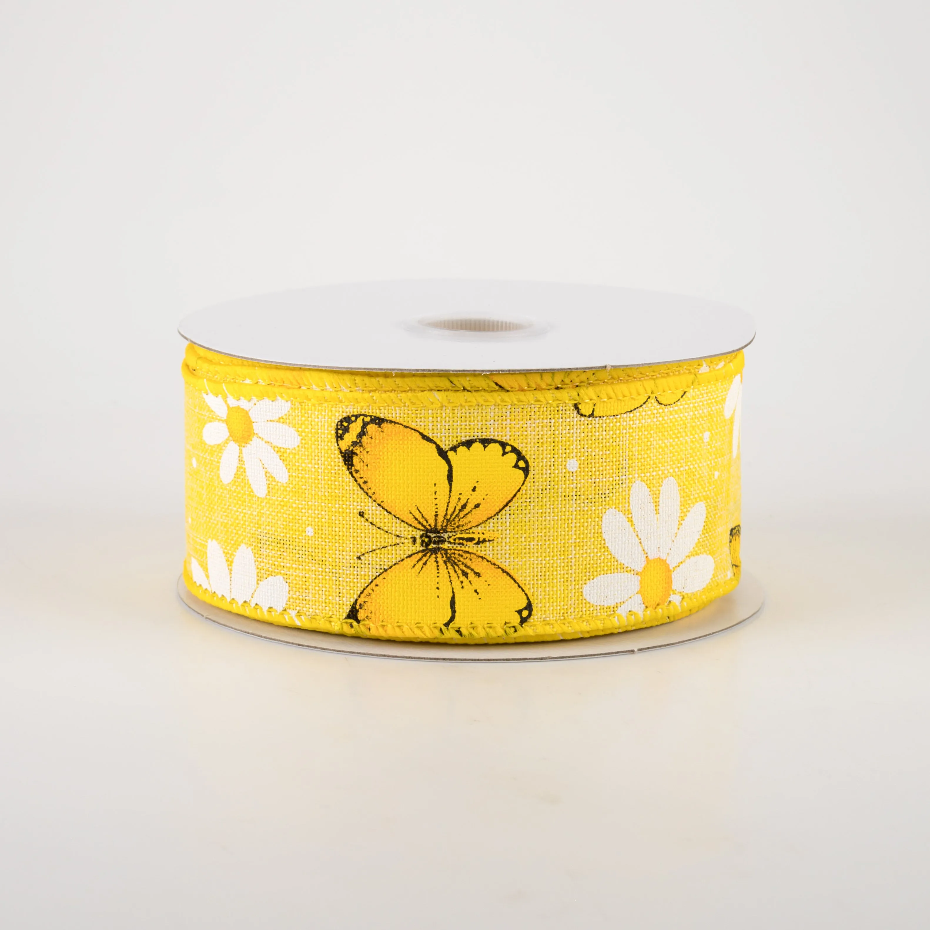 1.5" Daisies & Butterflies Linen Ribbon: Yellow (10 Yards)