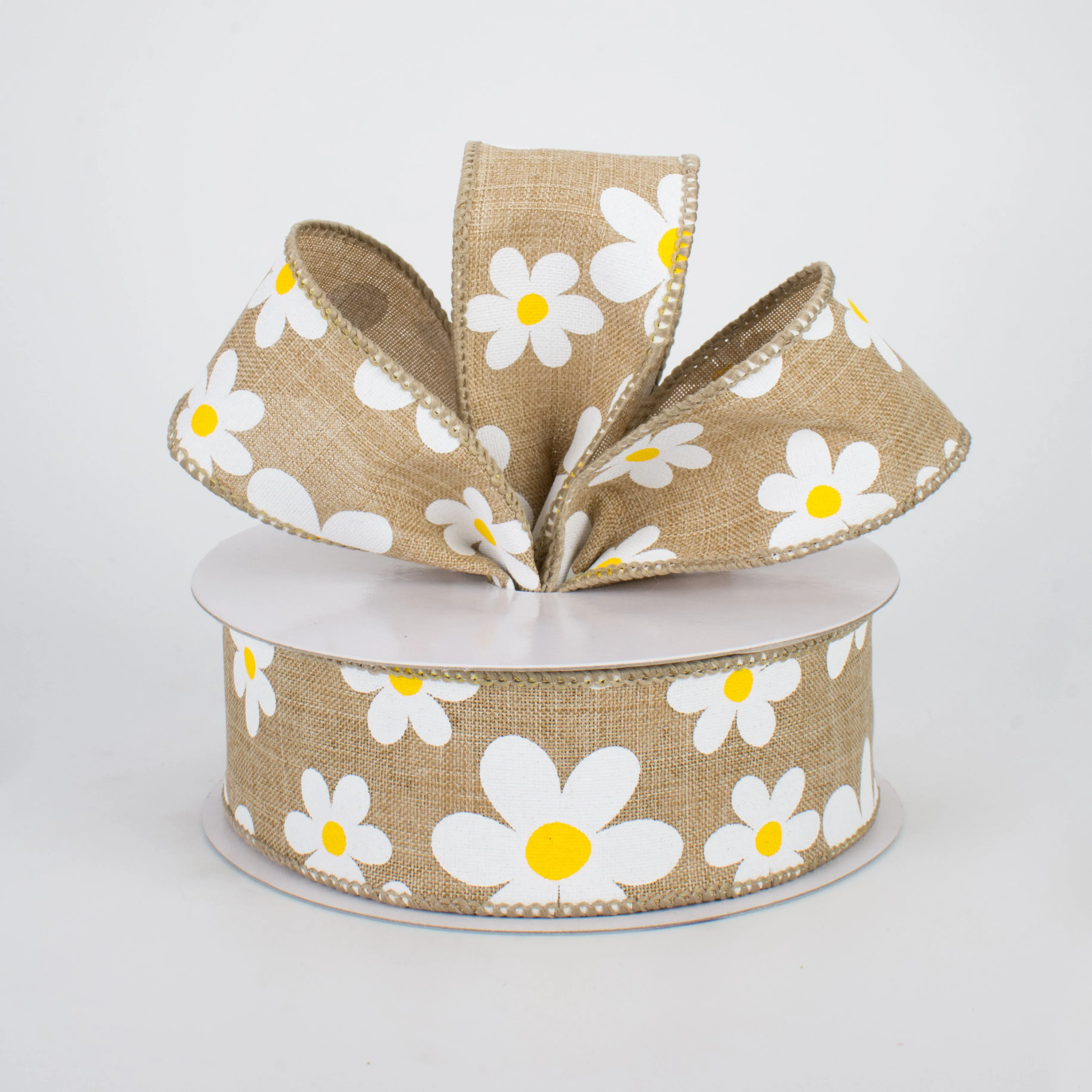 1.5" Daisy Print Ribbon: Light Beige (10 Yards)
