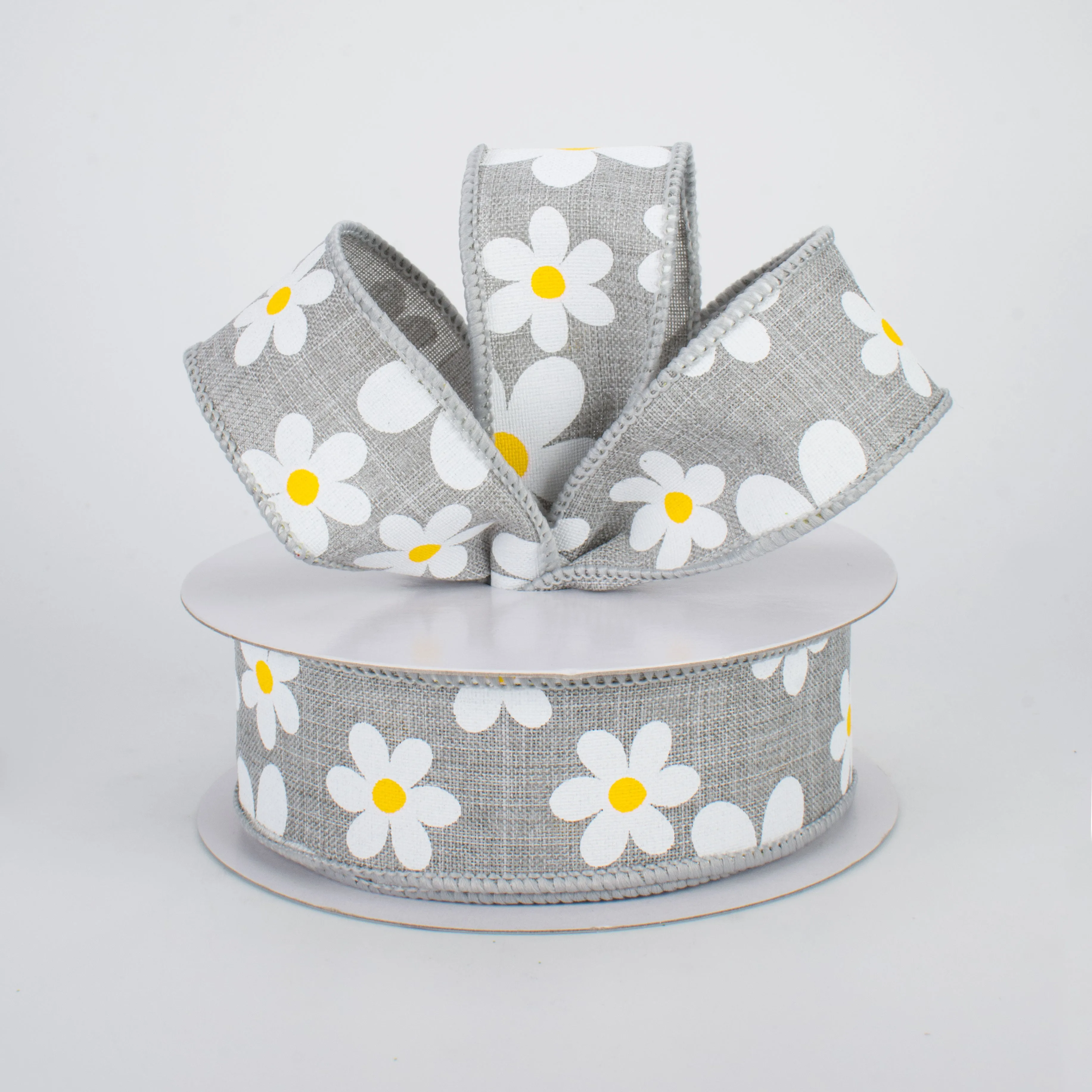 1.5" Daisy Print Ribbon: Light Grey (10 Yards)