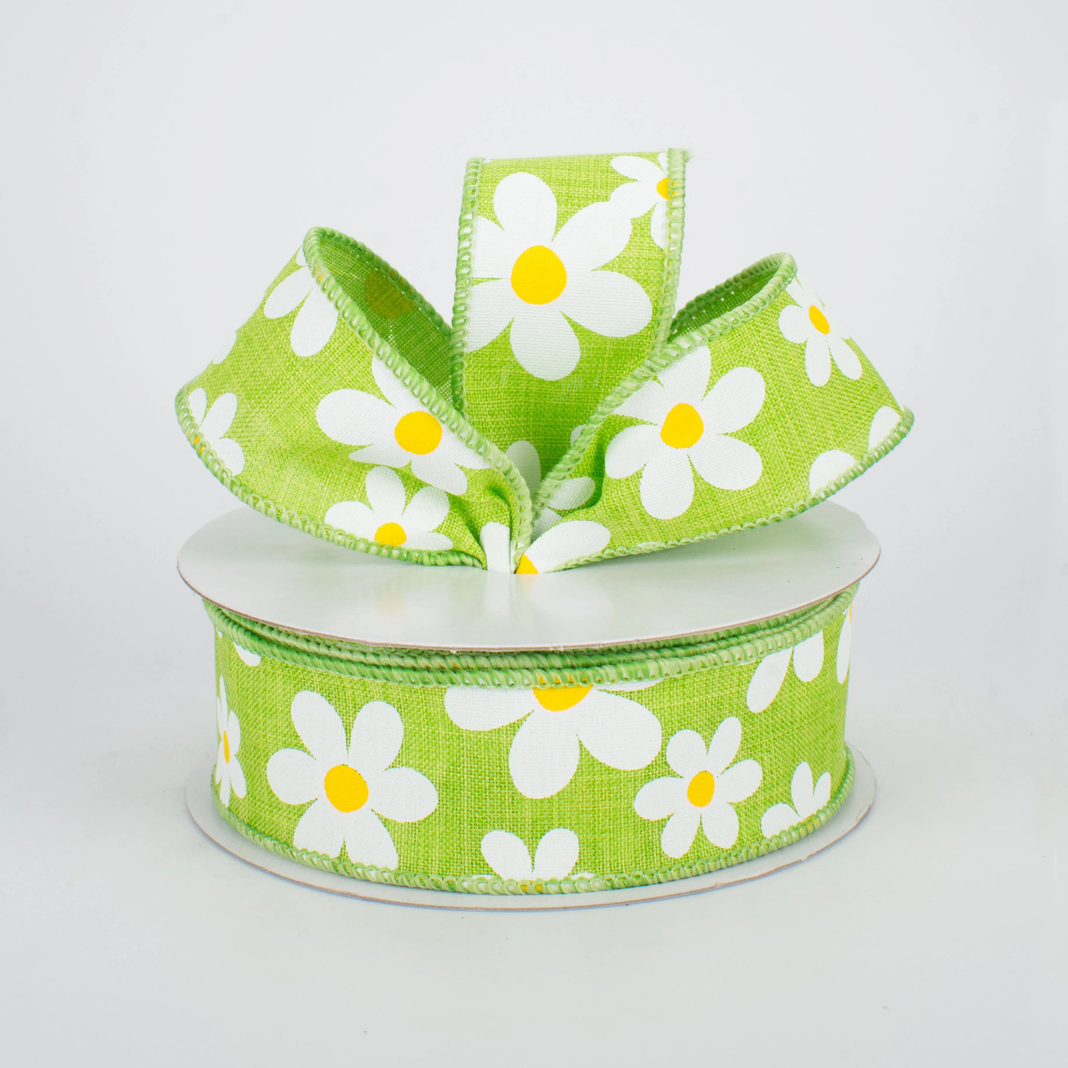 1.5" Daisy Print Ribbon: Lime Green (10 Yards)