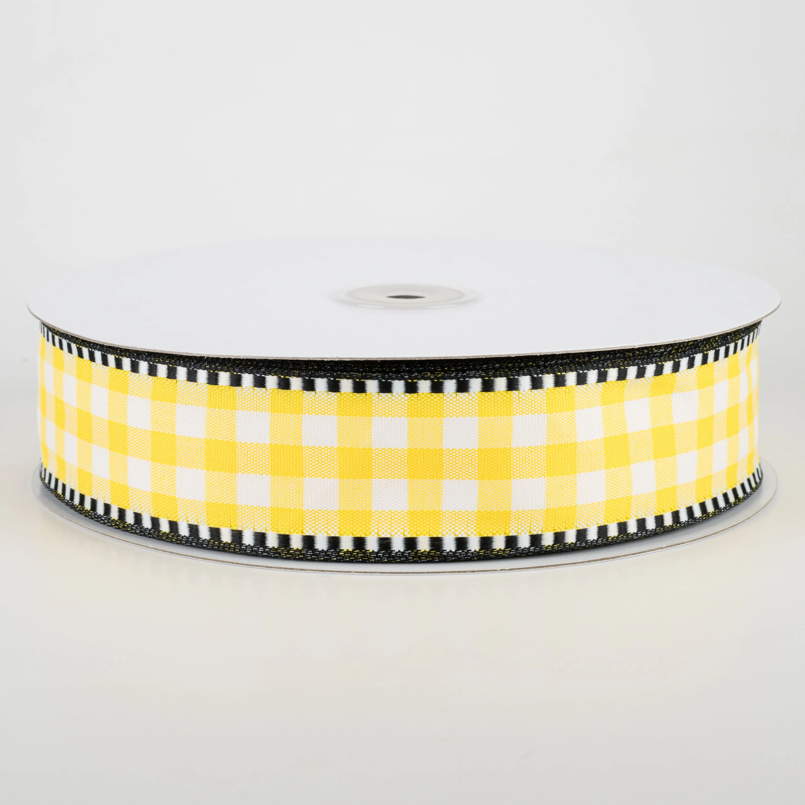 1.5" Dashed Edge Check Plaid Ribbon: Yellow & White (50 Yards)