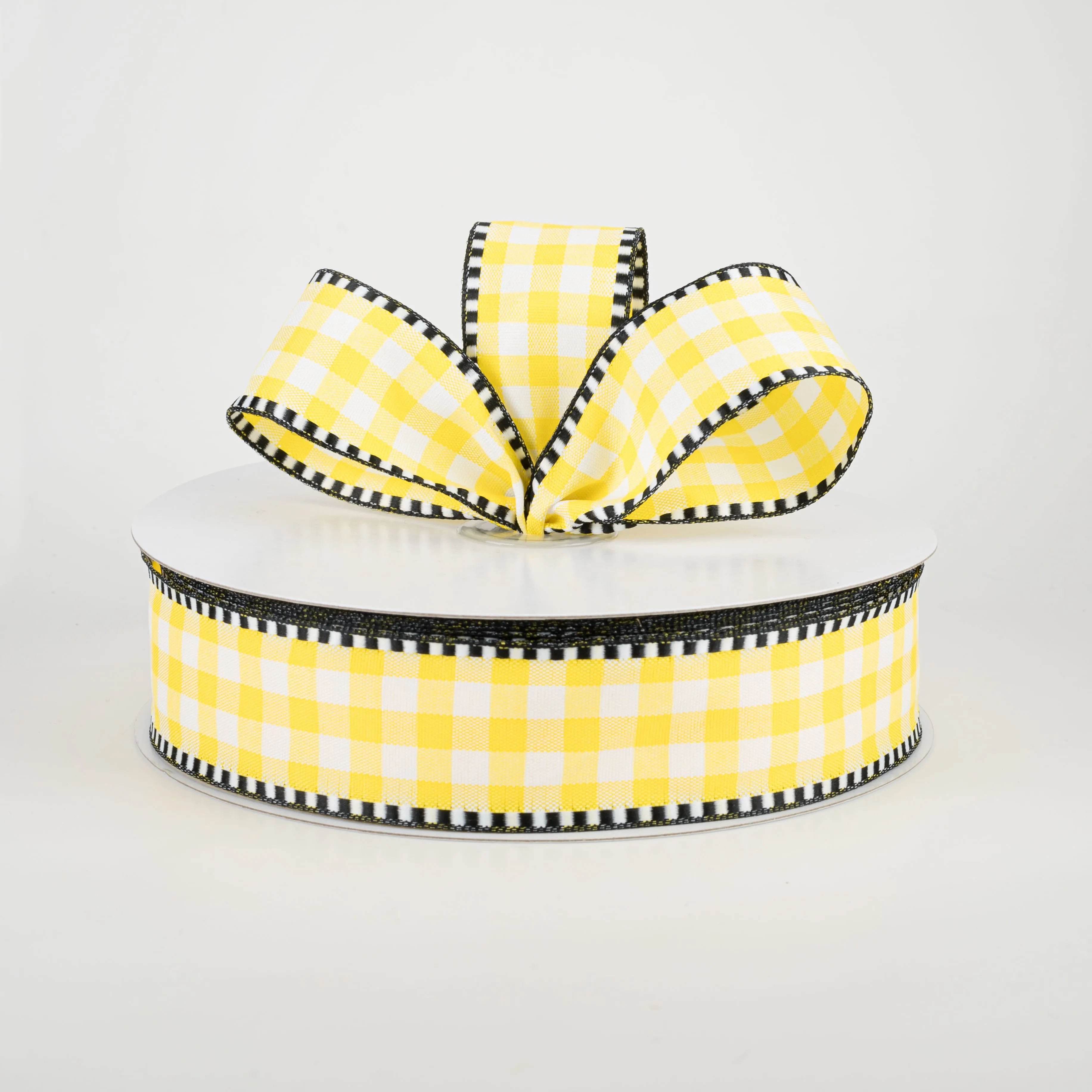 1.5" Dashed Edge Check Plaid Ribbon: Yellow & White (50 Yards)
