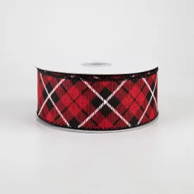 1.5" Diagonal Argyle Plaid Ribbon: Red, Black, White (10 Yards)